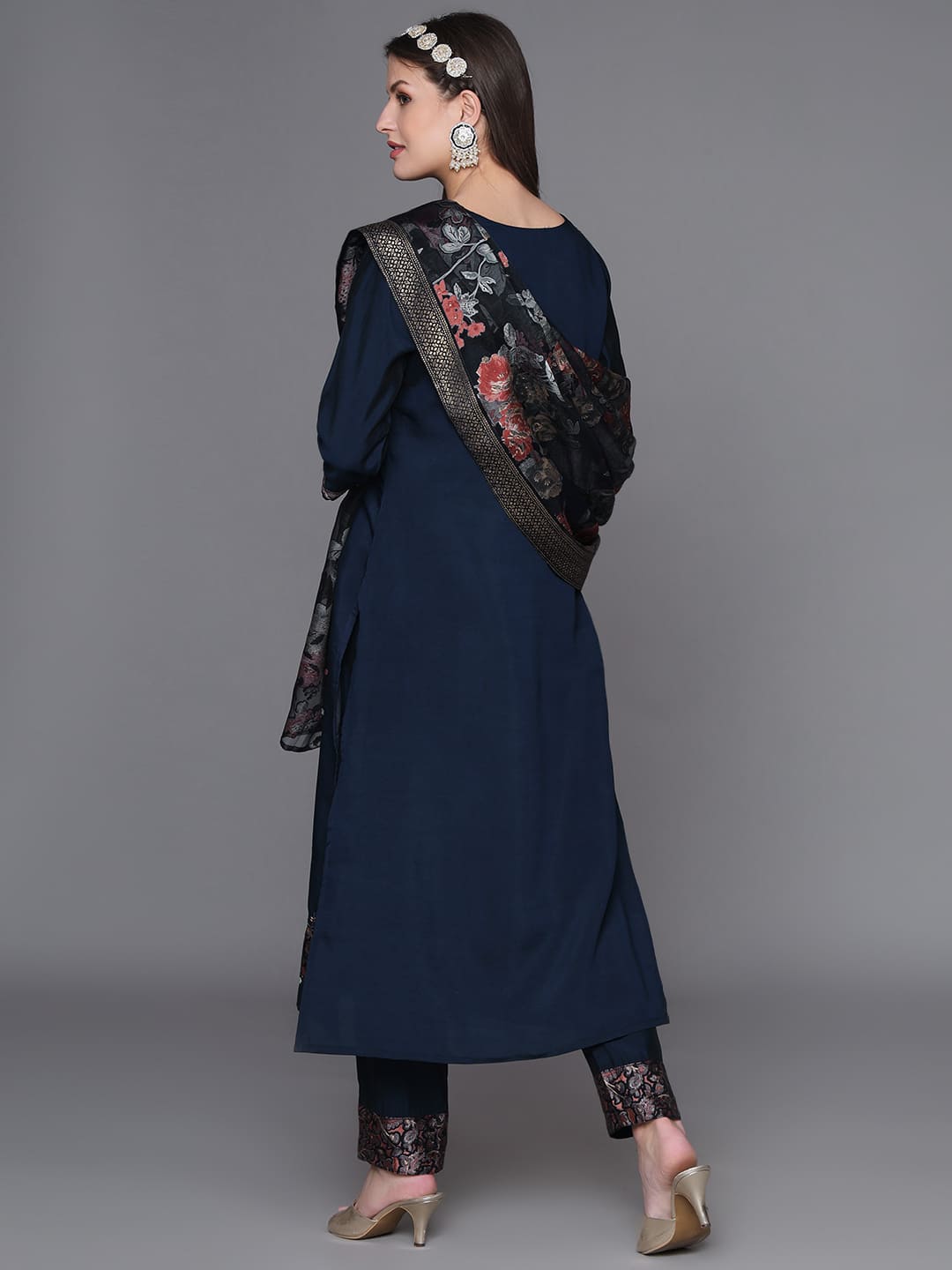 Blue Muslin Silk Printed Kurta Set with Hand Work Detailing