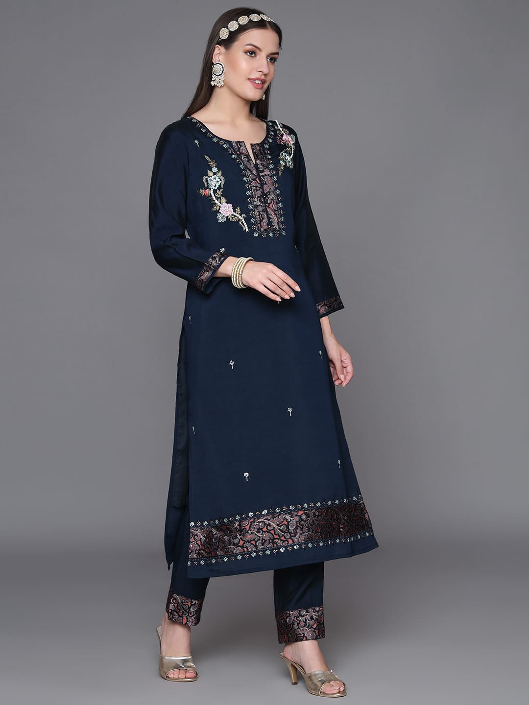 Blue Muslin Silk Printed Kurta Set with Hand Work Detailing