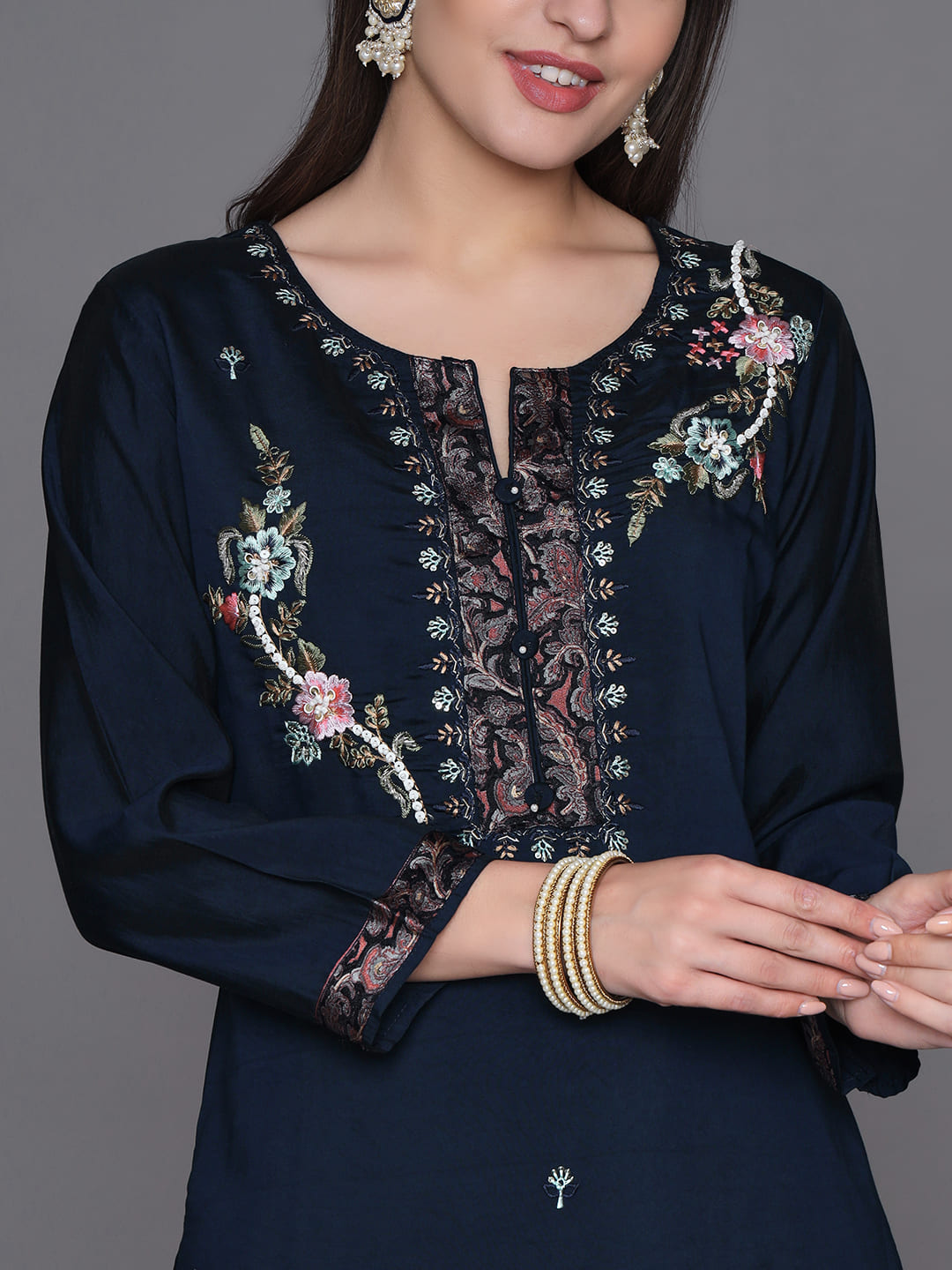Blue Muslin Silk Printed Kurta Set with Hand Work Detailing