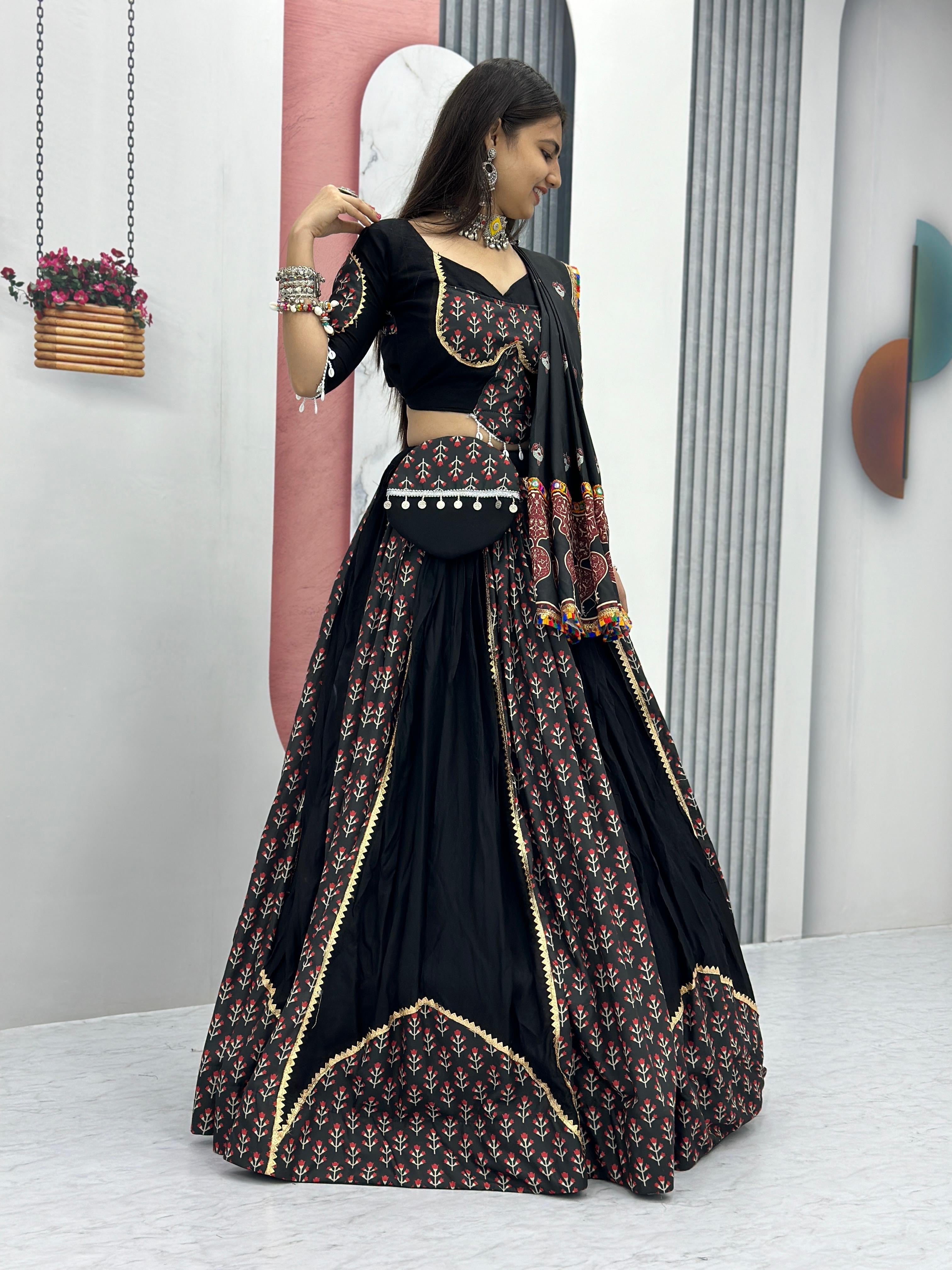 Ajrakh Print Gamthi work Navratri Special Chaniya Choli with Purse