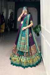 Elegant Tussar Silk Lehenga with Printed Foil Work and Gotta Patti Lace Dupatta