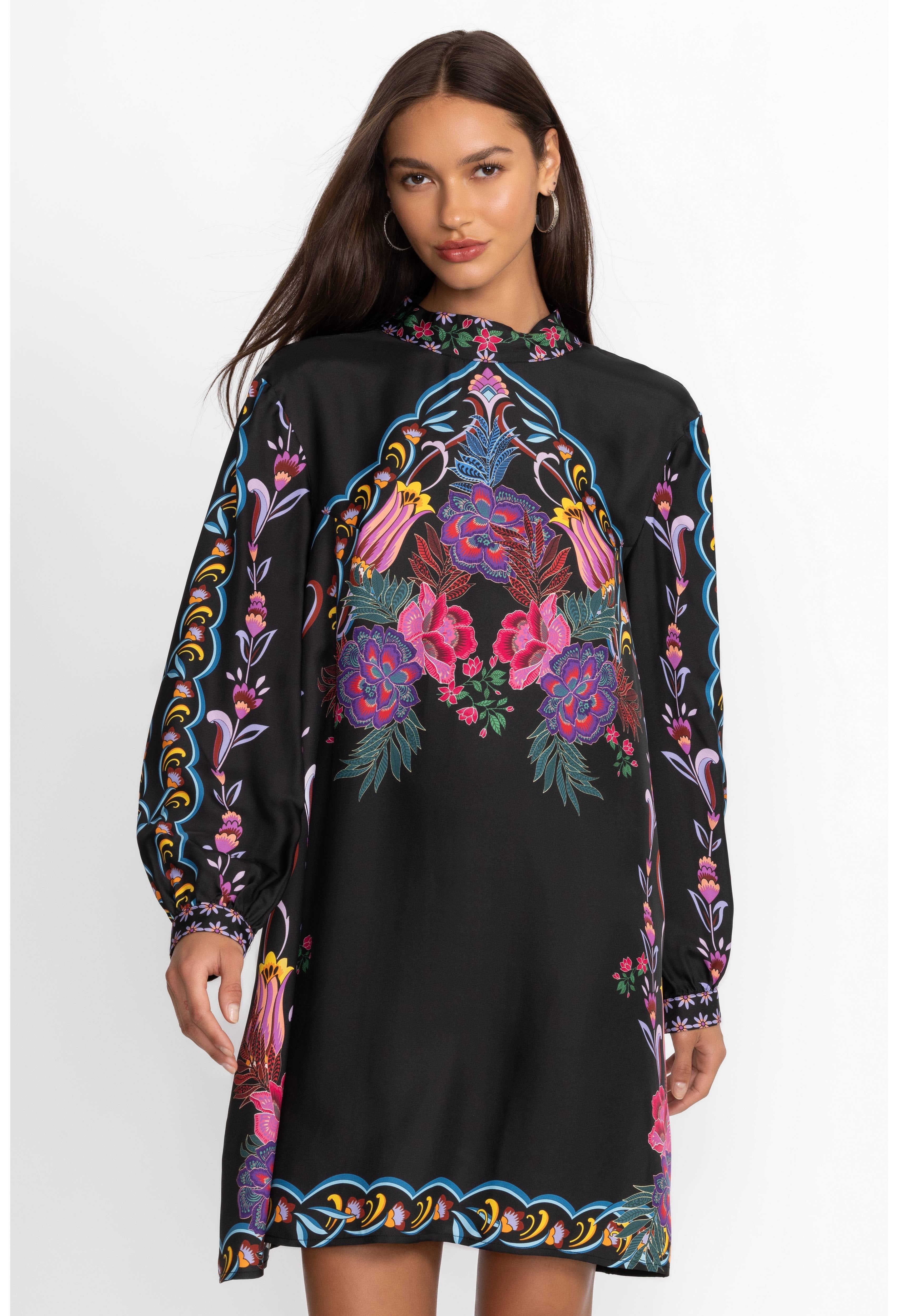Twilight Bloom Black Dress – Elegant Florals on Luxurious Swiss Silk Satin