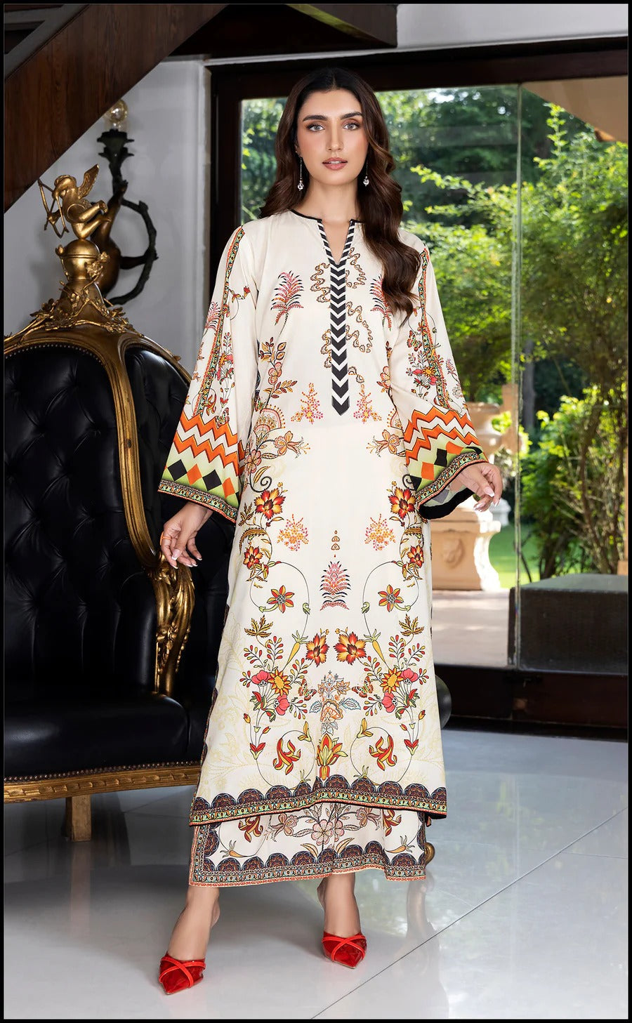 Cream Printed Silk Crepe Kurta & Palazzo Set – Vibrant Floral & Geometric Design