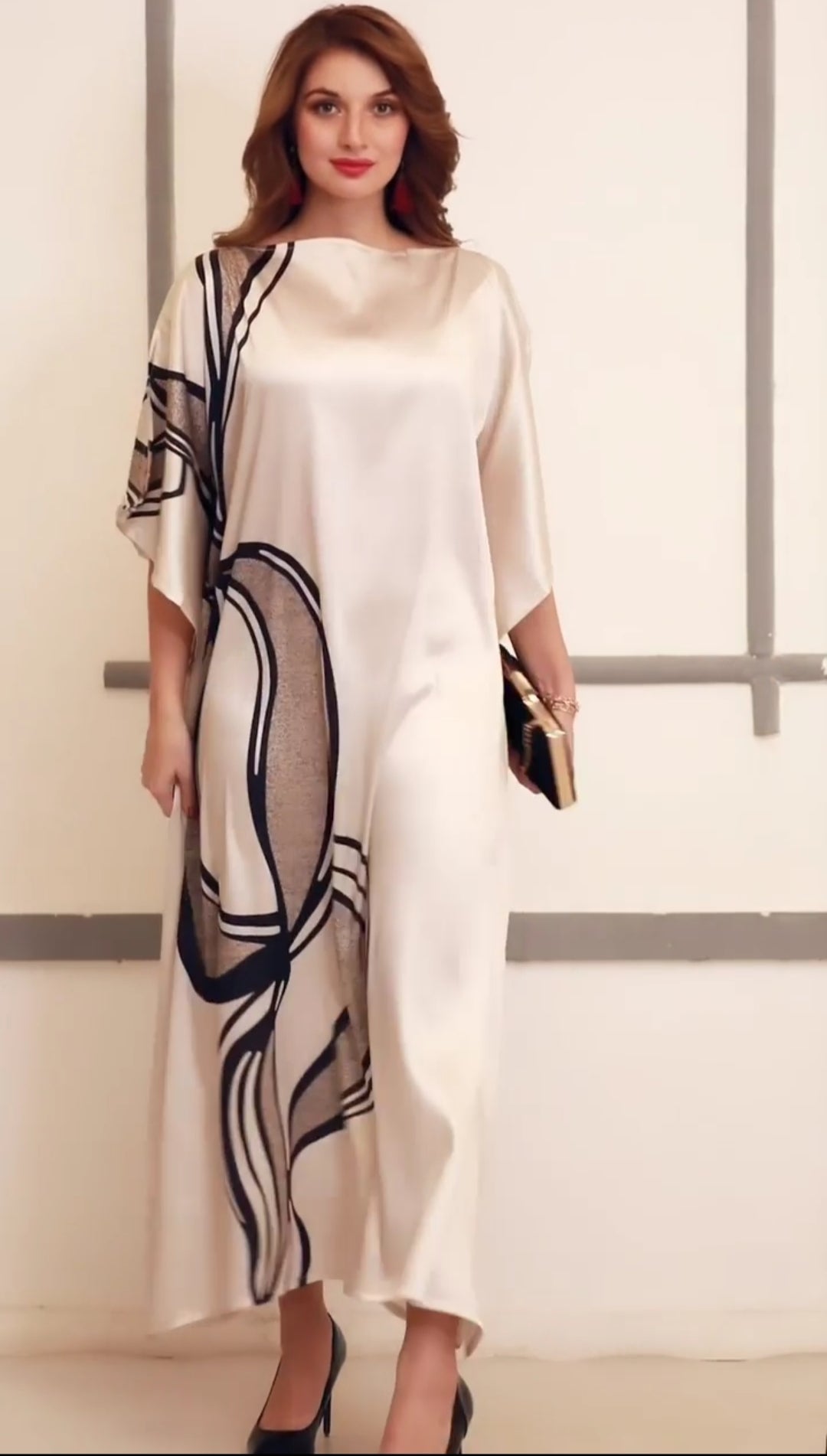 Beige Wavy Kaftan Dress – Effortless Elegance in Soft Satin Silk