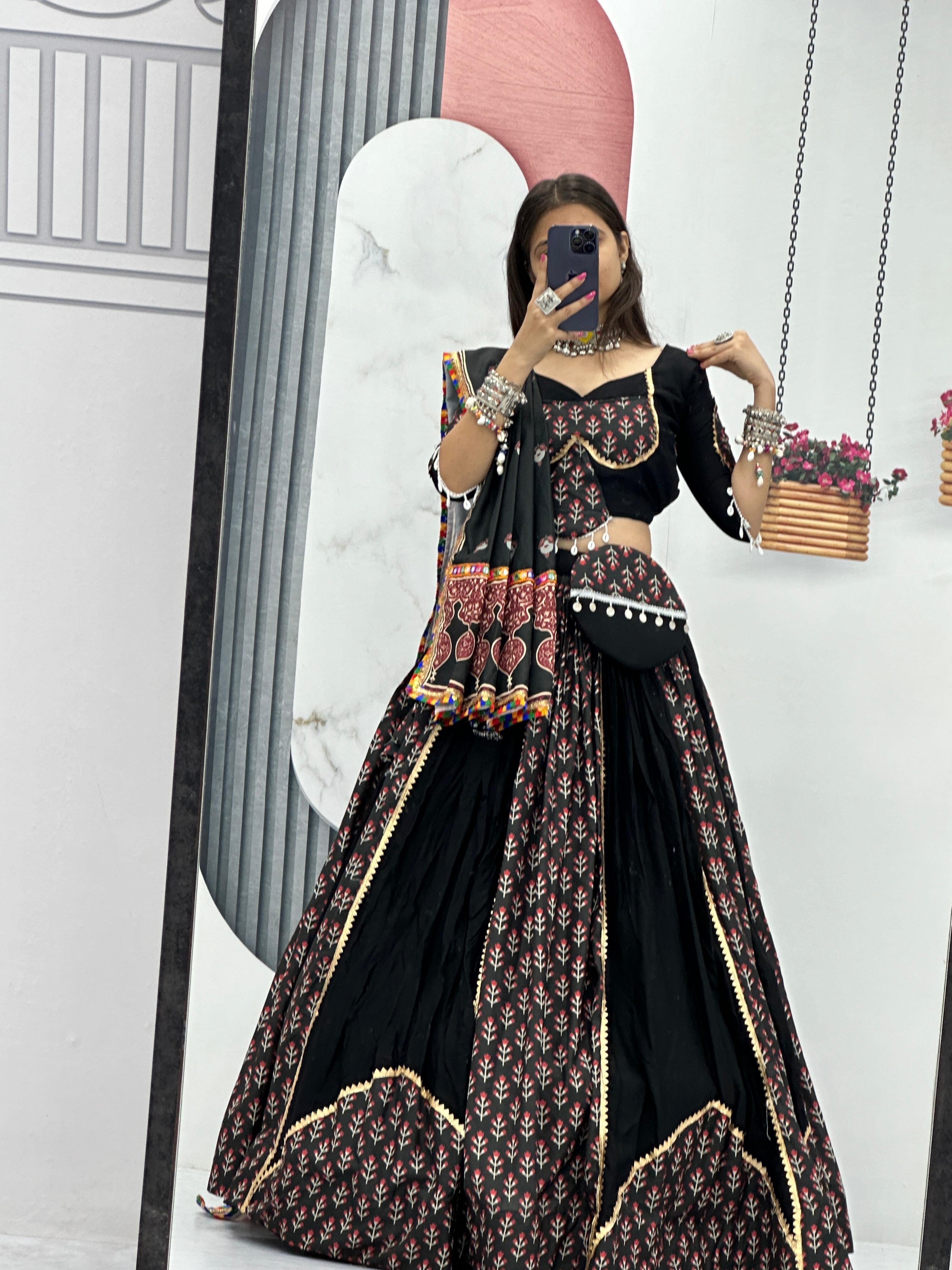 Ajrakh Print Gamthi work Navratri Special Chaniya Choli with Purse