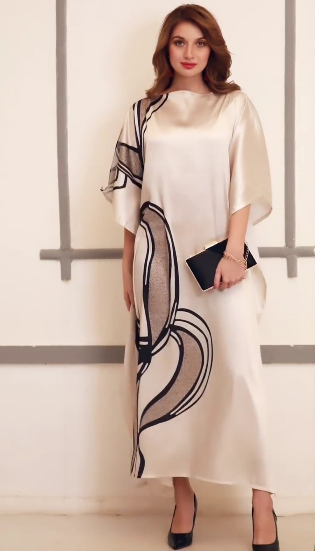 Beige Wavy Kaftan Dress – Effortless Elegance in Soft Satin Silk