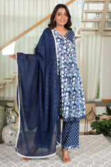 Dark Blue Anarkali Salwar Suit Featuring Floral Prints on Pure Cotton