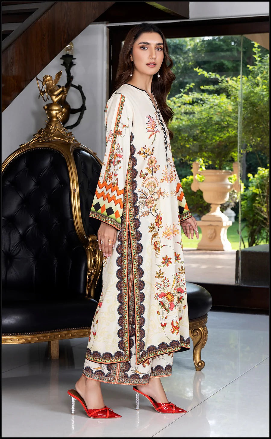 Cream Printed Silk Crepe Kurta & Palazzo Set – Vibrant Floral & Geometric Design