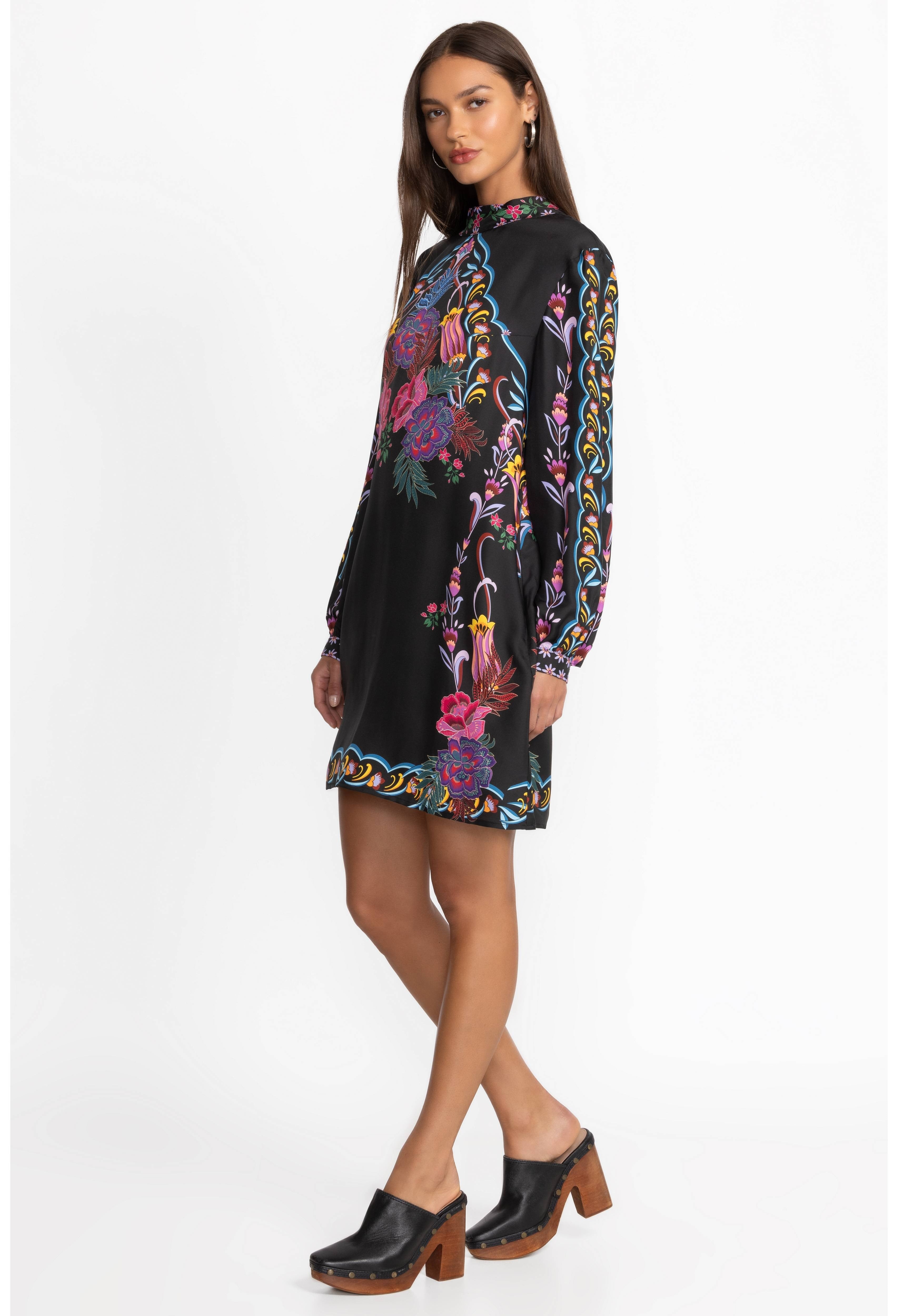 Twilight Bloom Black Dress – Elegant Florals on Luxurious Swiss Silk Satin