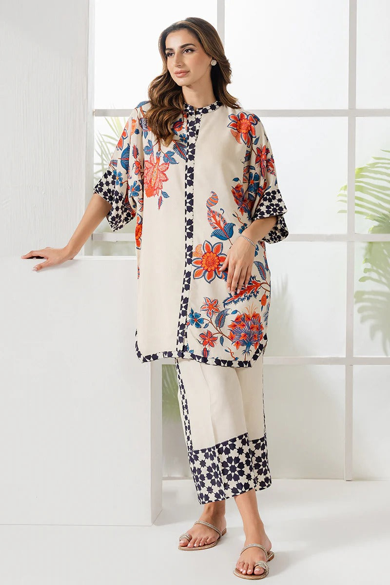 Cream-Colored Korean BSY Kurta Set with Red Lilies & Geometric Patterns – Elegant & Comfortable
