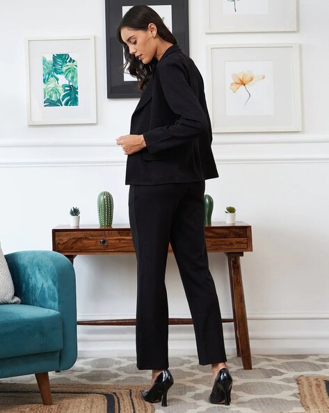 Elegant Black Blazer & Trouser Co-Ord Set with Crop Top