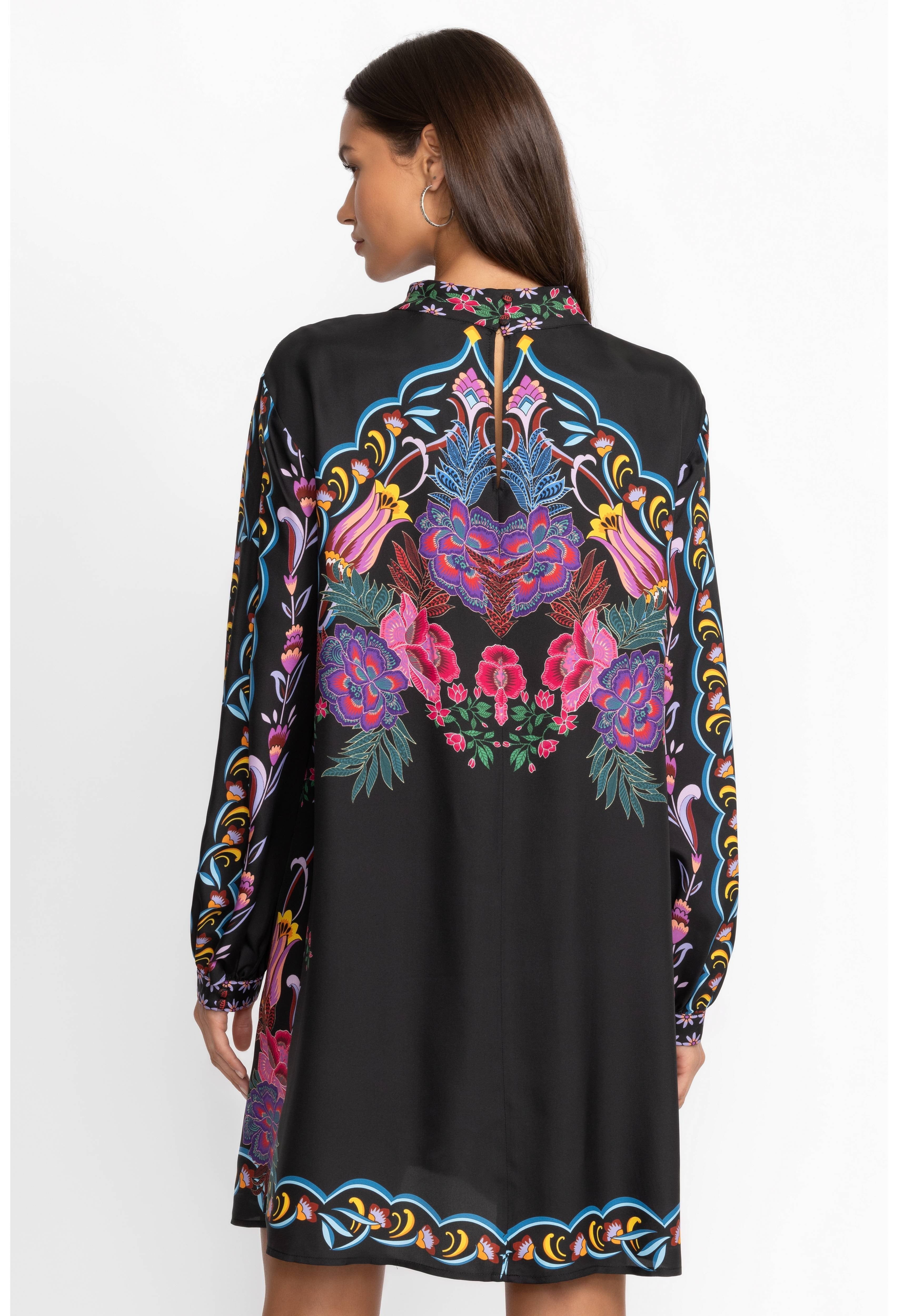 Twilight Bloom Black Dress – Elegant Florals on Luxurious Swiss Silk Satin