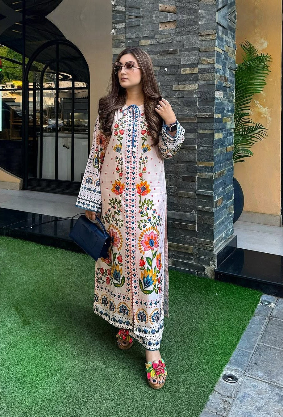 Colourwoven Kurta & Palazzo Set with Geometric Floral Prints – A Fusion of Modern Design and Vibrant Artistry