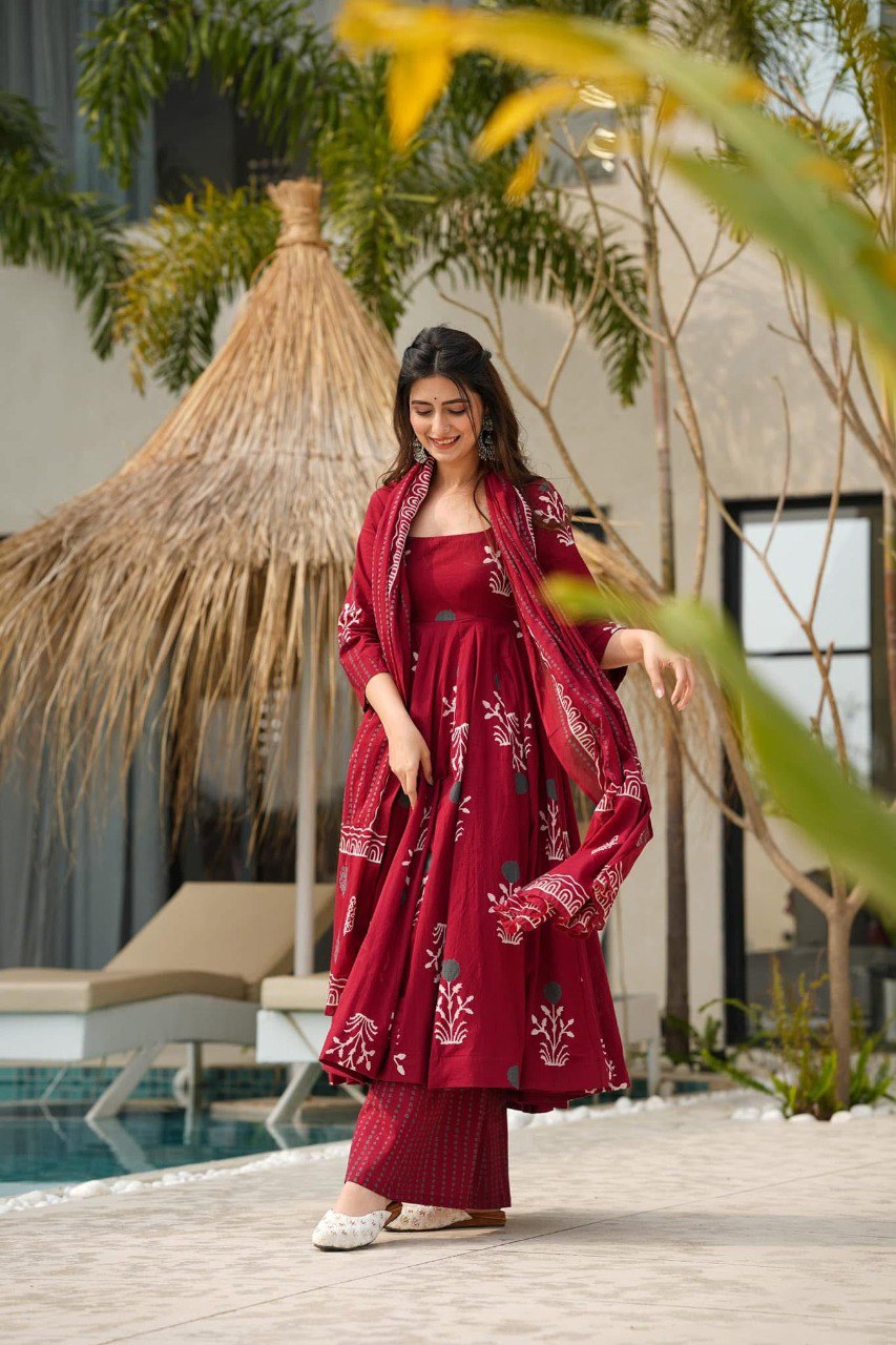 AKIRA MAROON MASLIN ANARKALI SUIT SET