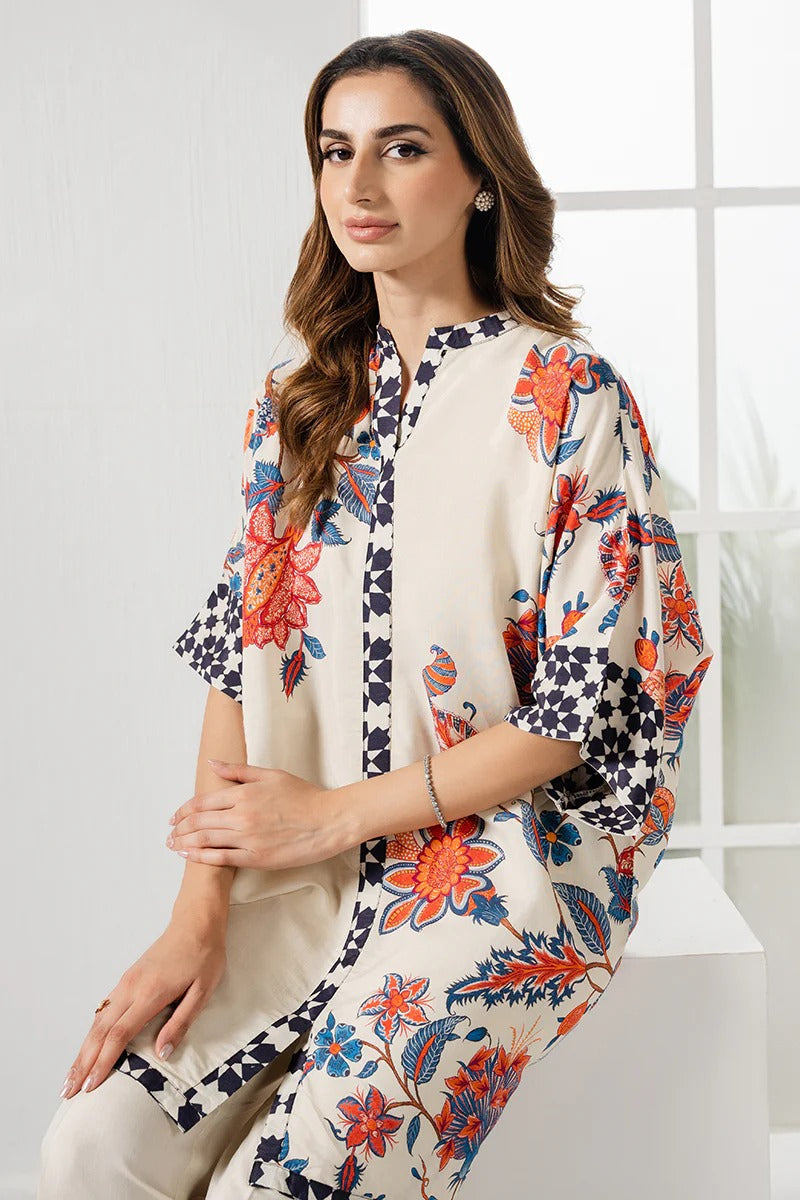 Cream-Colored Korean BSY Kurta Set with Red Lilies & Geometric Patterns – Elegant & Comfortable