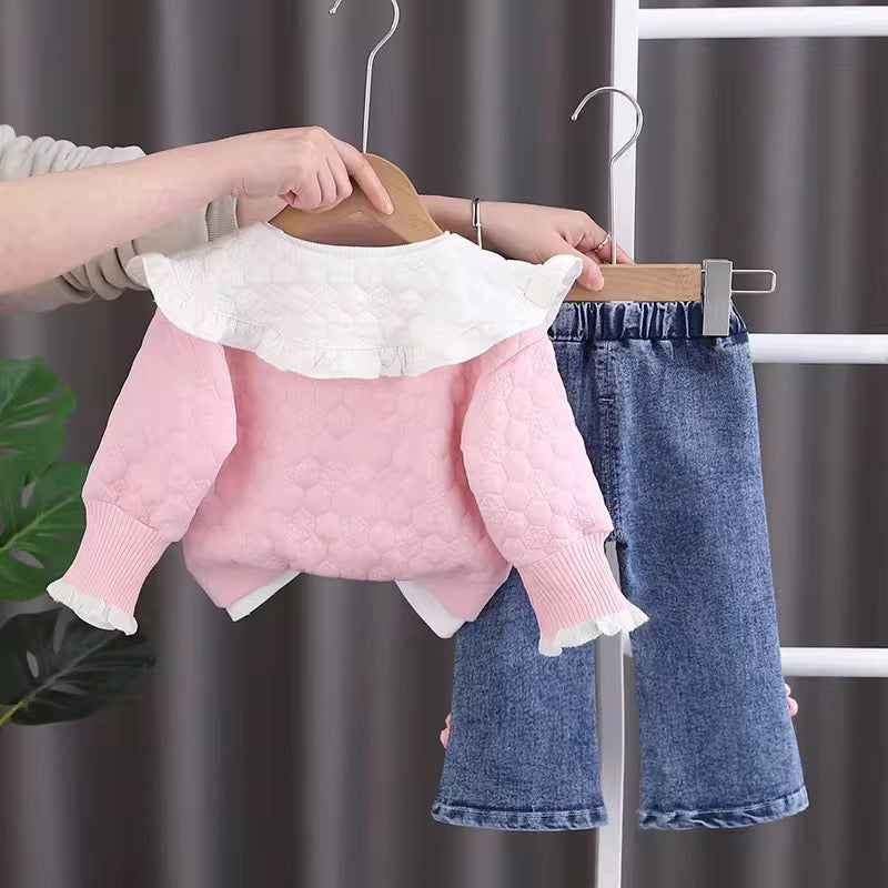 Girls Pink Sweater, Graphic T-shirt And Jeans Set