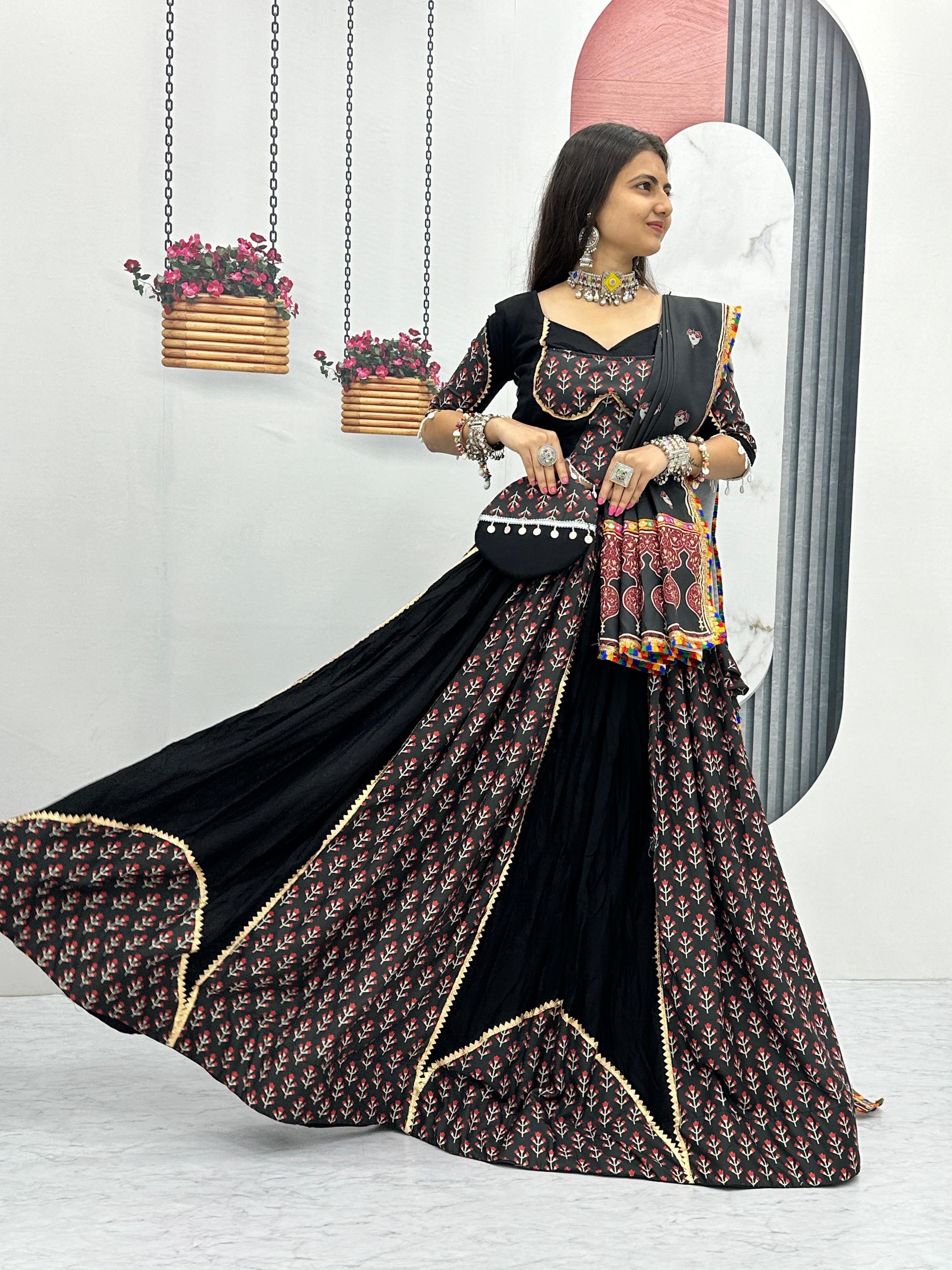 Ajrakh Print Gamthi work Navratri Special Chaniya Choli with Purse