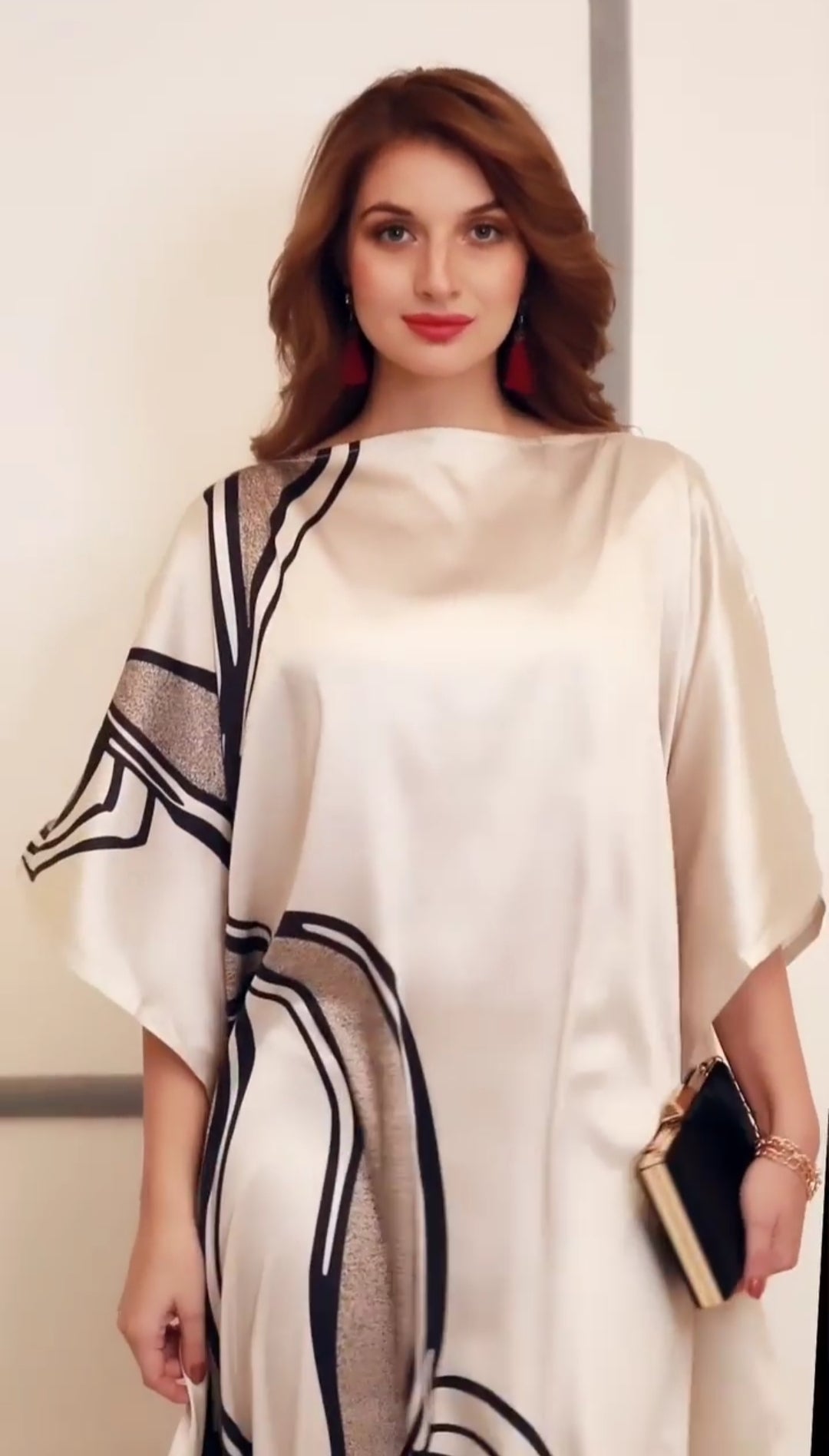 Beige Wavy Kaftan Dress – Effortless Elegance in Soft Satin Silk