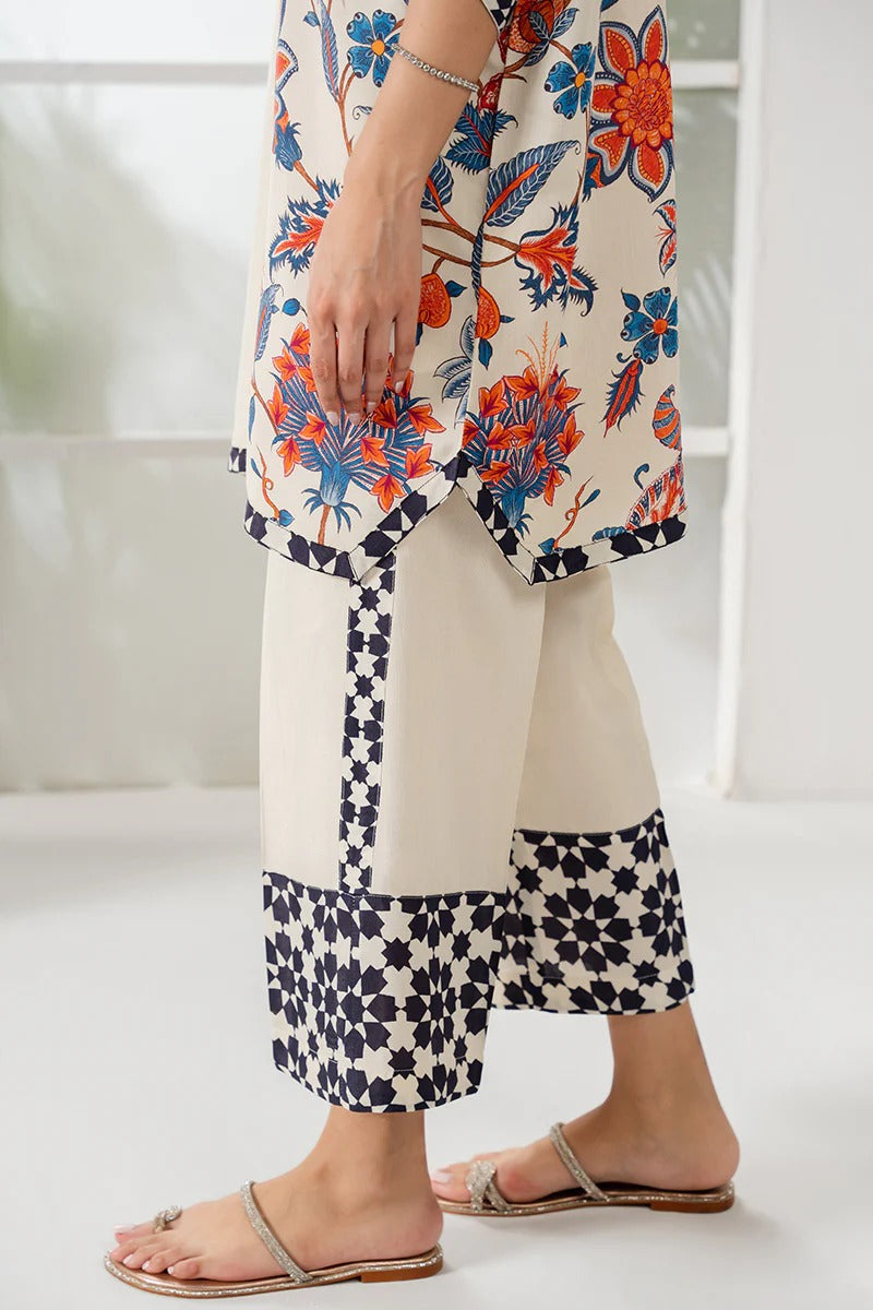 Cream-Colored Korean BSY Kurta Set with Red Lilies & Geometric Patterns – Elegant & Comfortable
