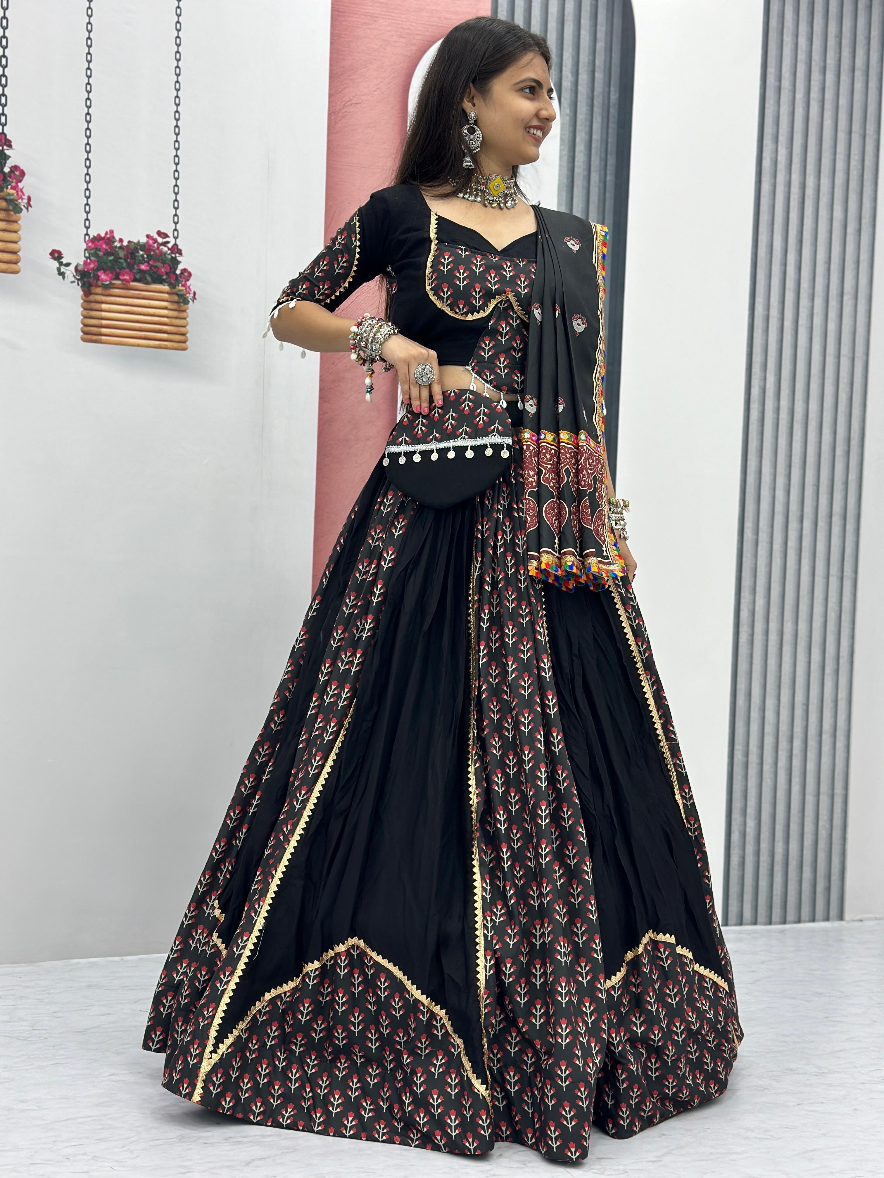 Ajrakh Print Gamthi work Navratri Special Chaniya Choli with Purse