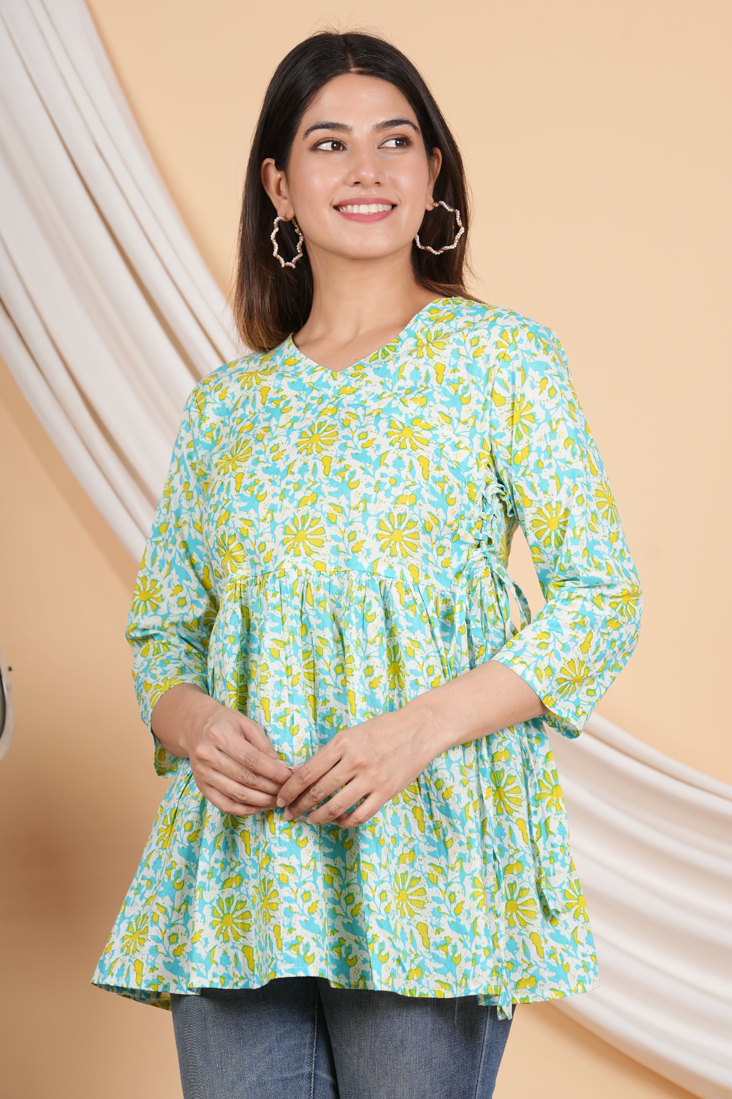 Yellow & Sky Blue Angrakha Rajasthani Kurti