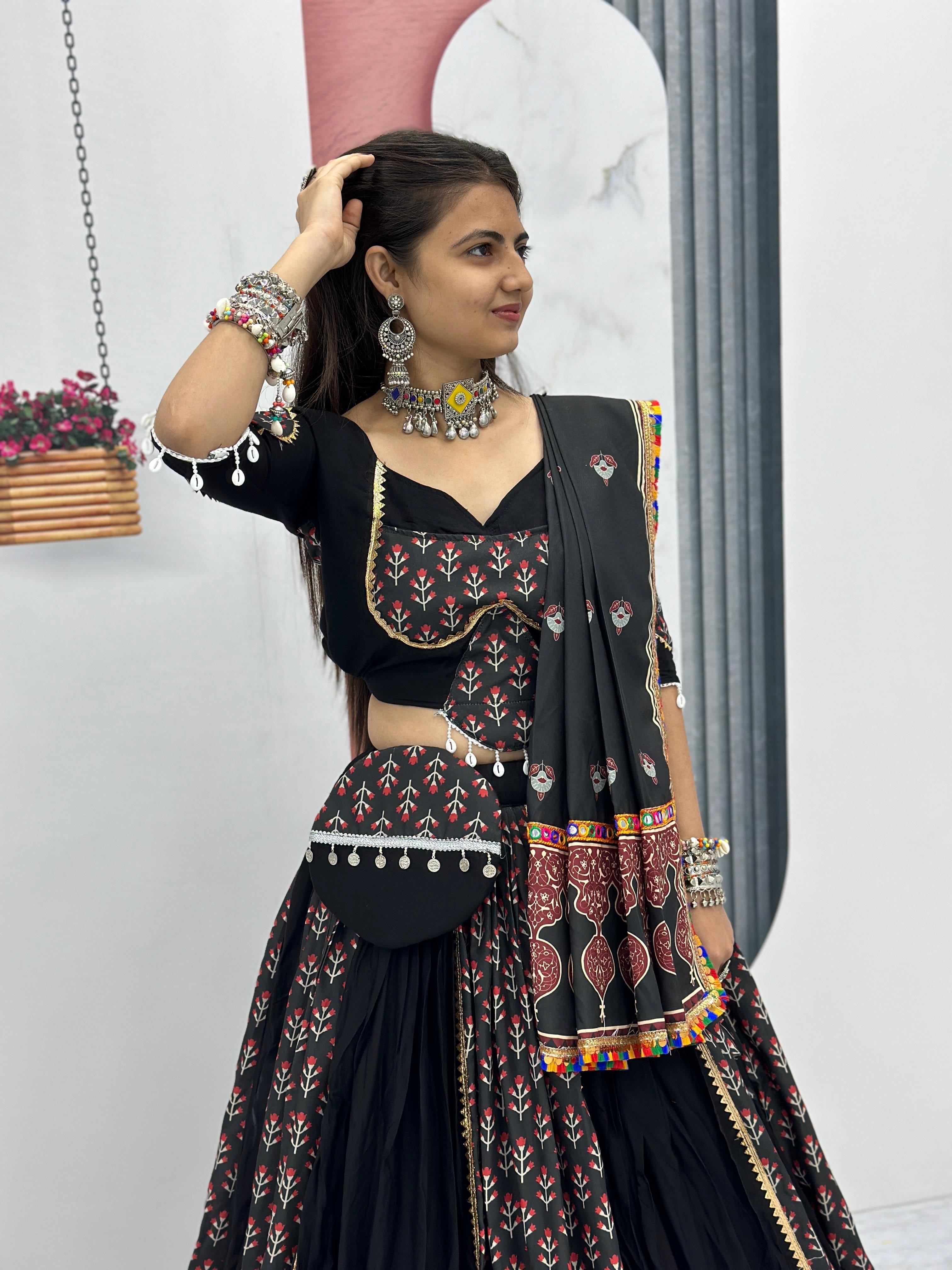 Ajrakh Print Gamthi work Navratri Special Chaniya Choli with Purse