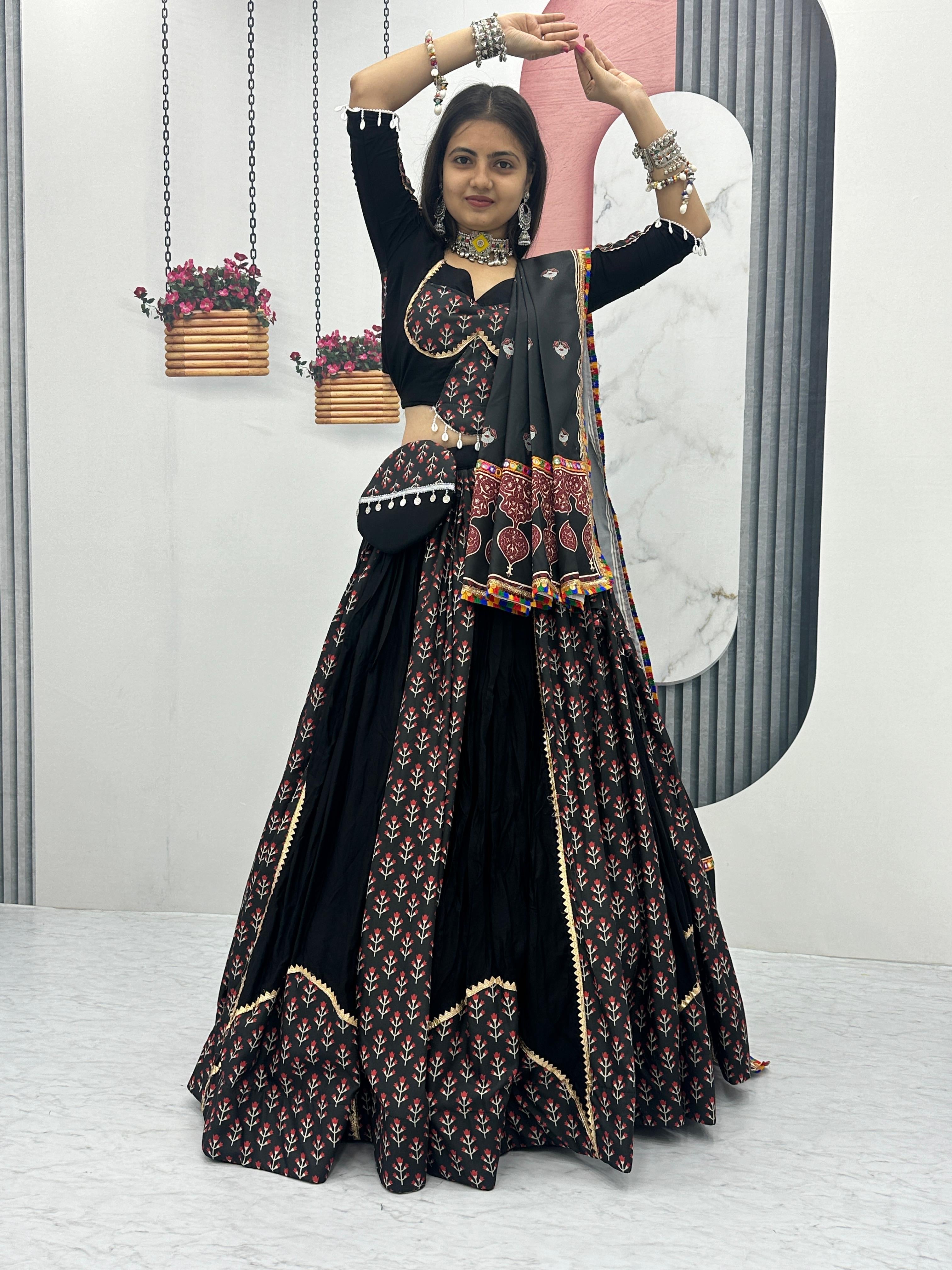 Ajrakh Print Gamthi work Navratri Special Chaniya Choli with Purse