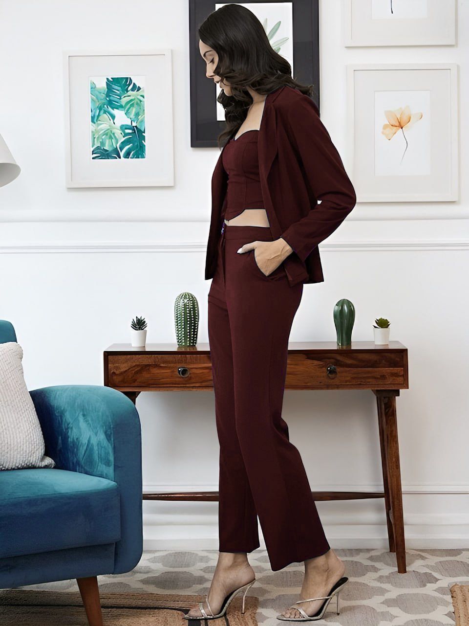 Elegant Black Blazer & Trouser Co-Ord Set with Crop Top