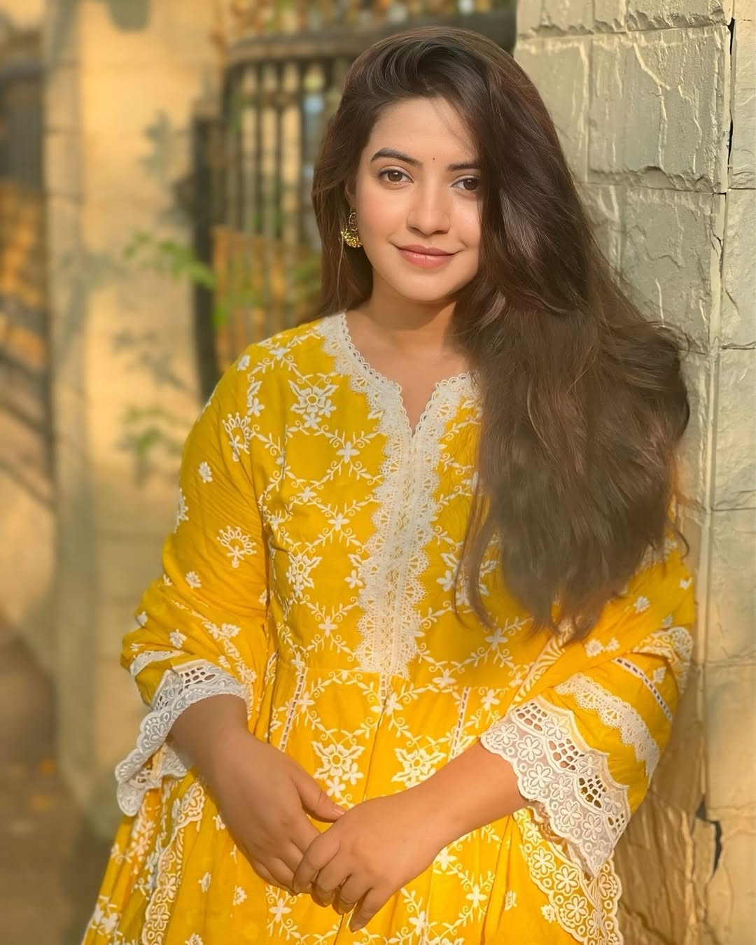 Yellow Schiffli Anarkali Kurta Set with Dupatta