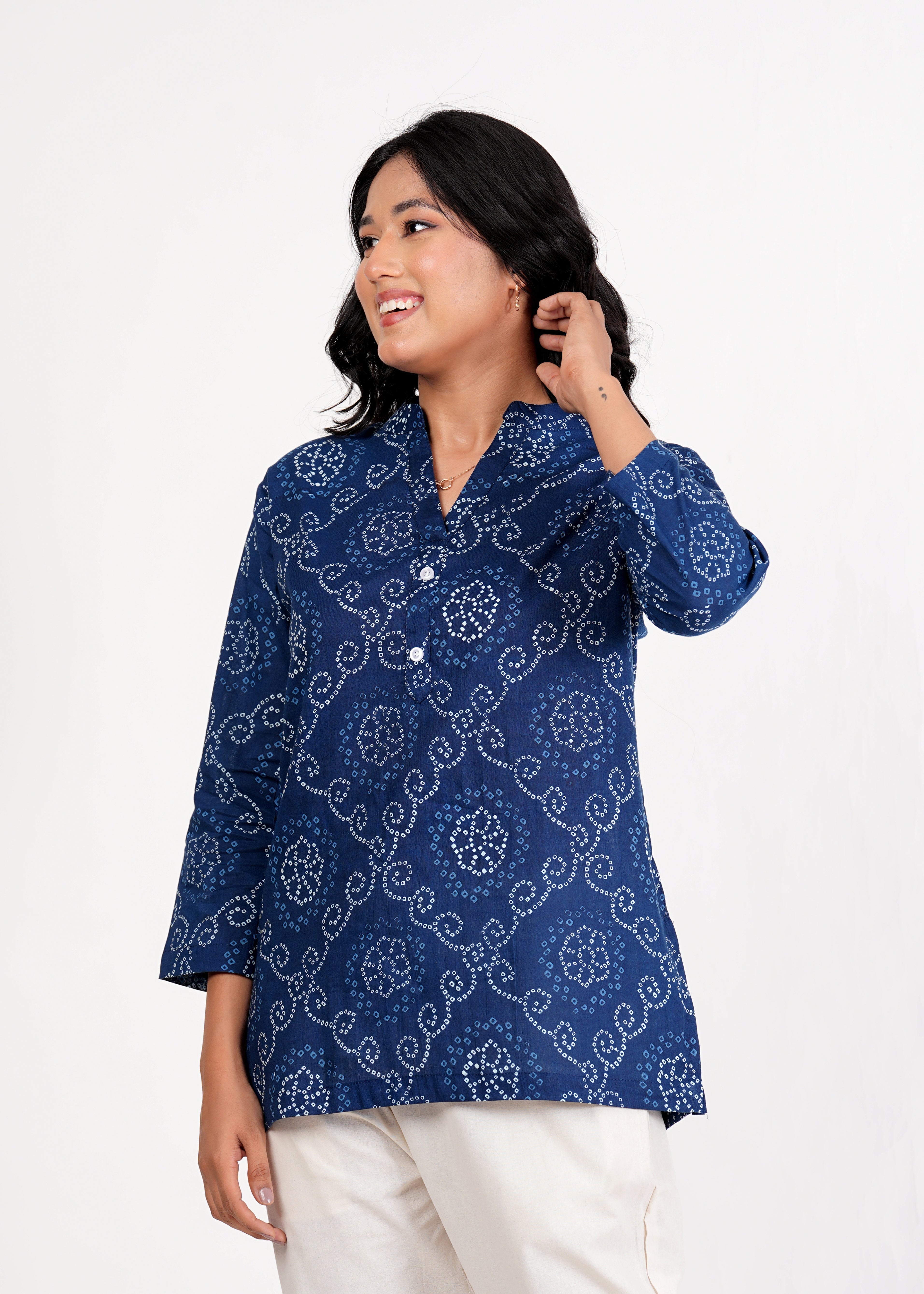 Blue Bandhani Short Straight Cotton Kurta