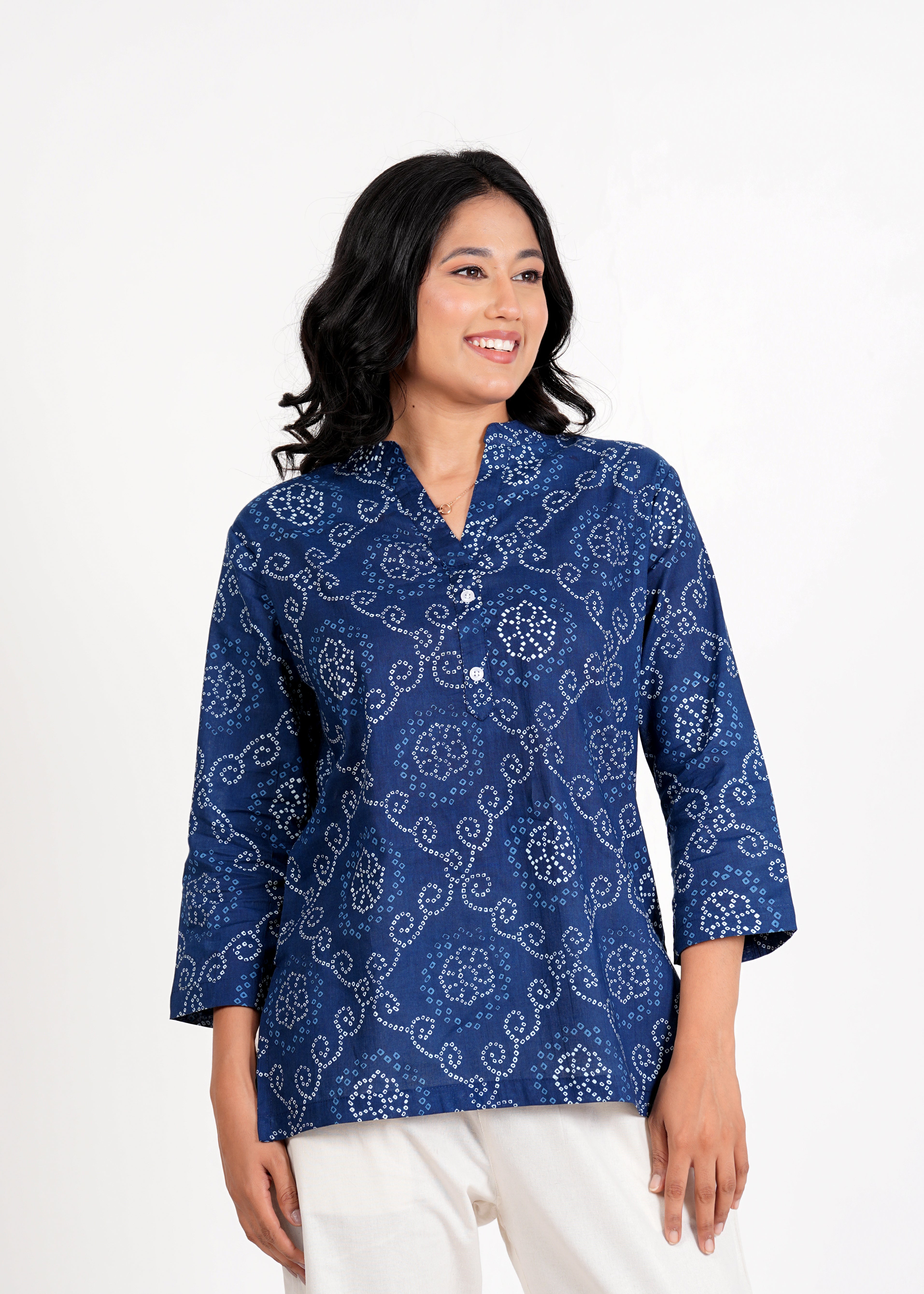 Blue Bandhani Short Straight Cotton Kurta