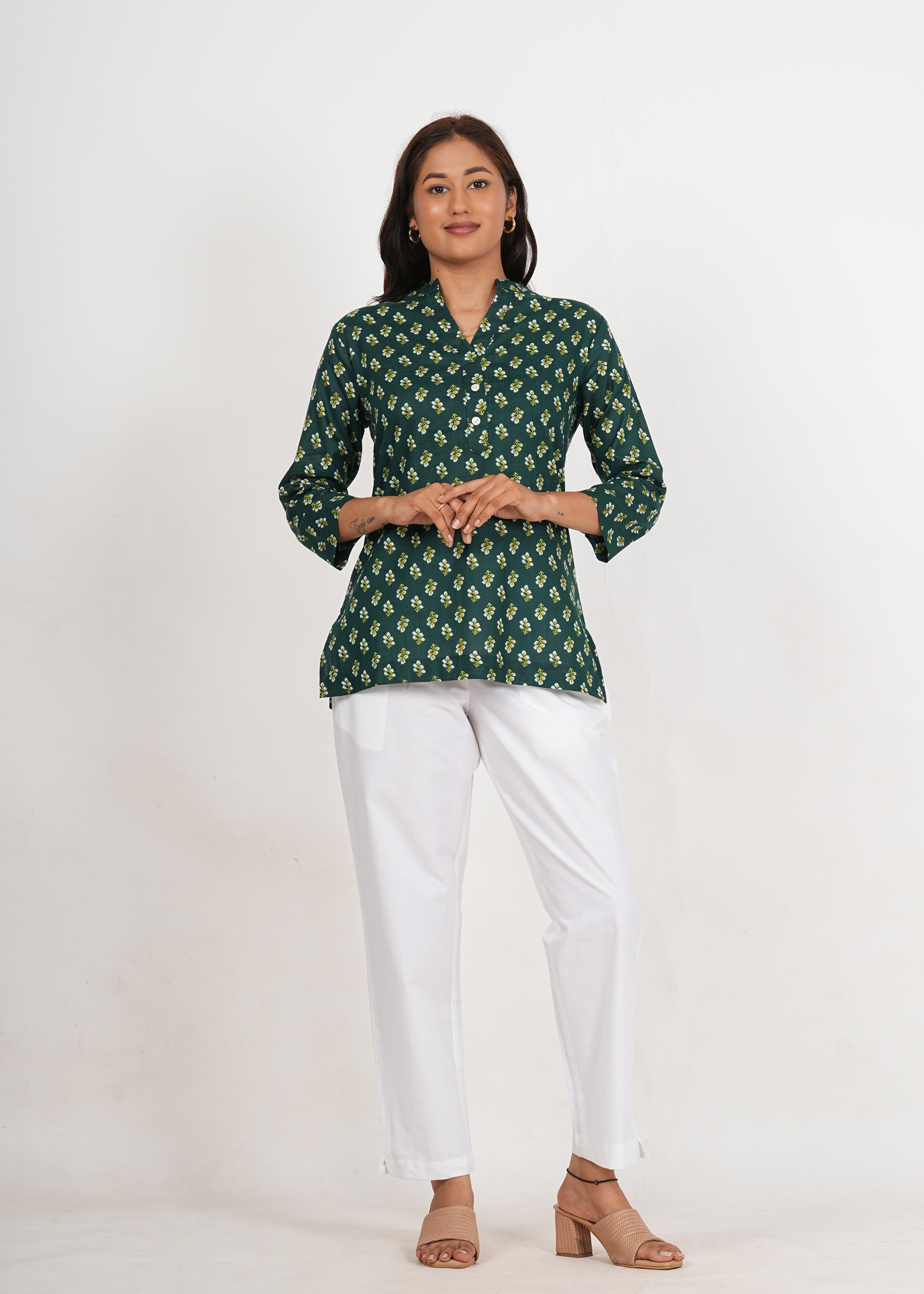 Dark Green Short Straight Cotton Kurta