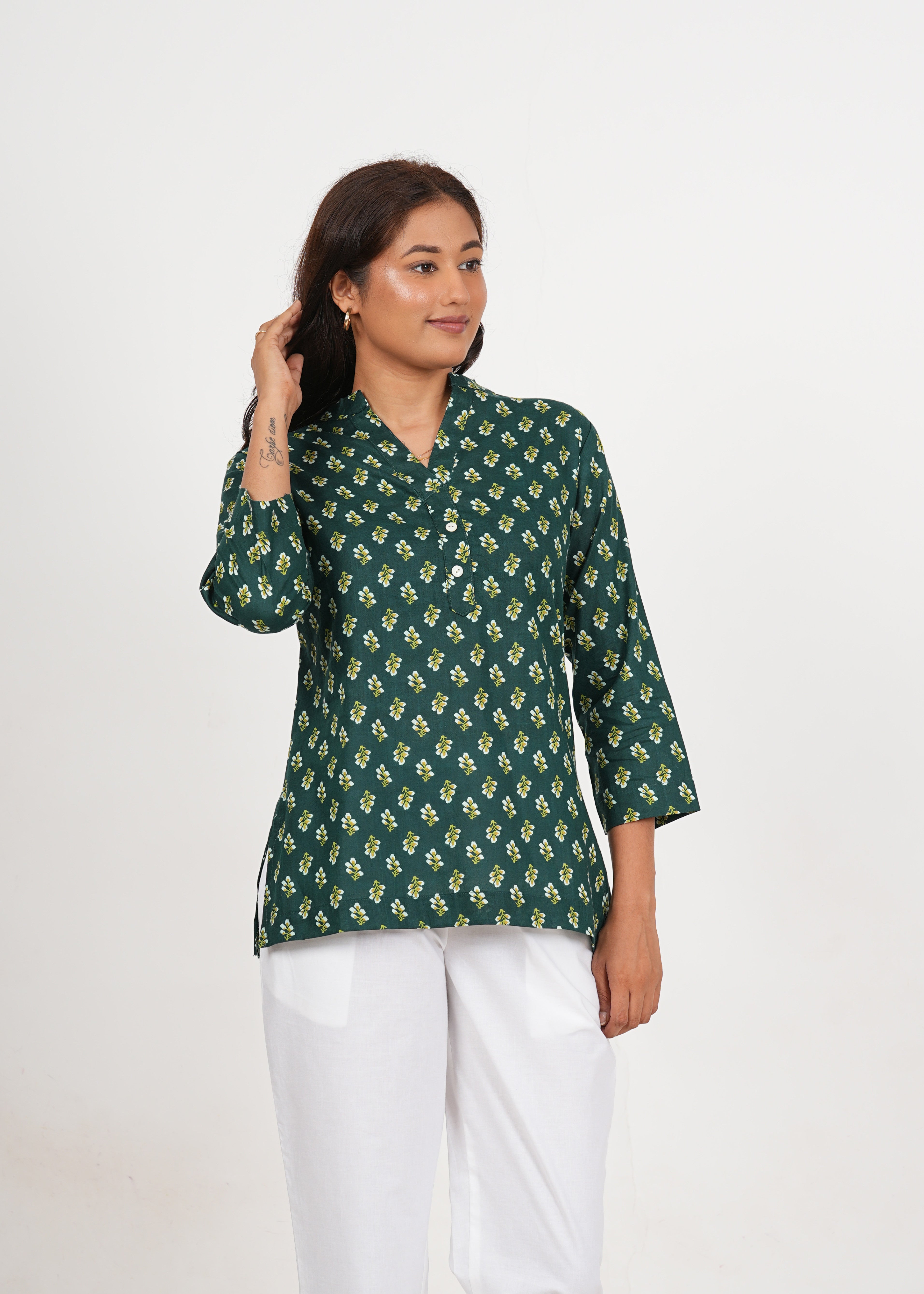 Dark Green Short Straight Cotton Kurta