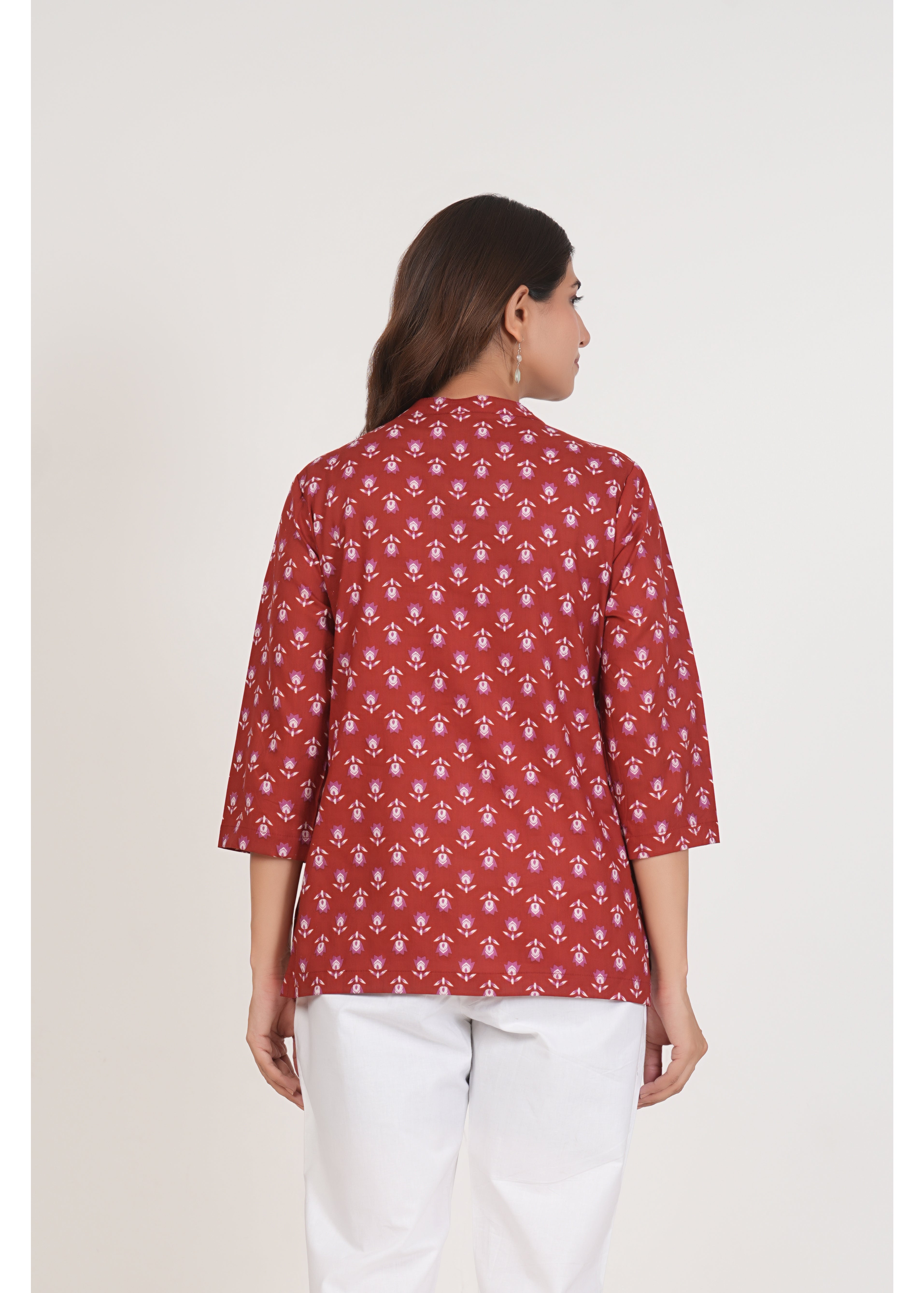 Red Floral Short Straight Cotton Kurta
