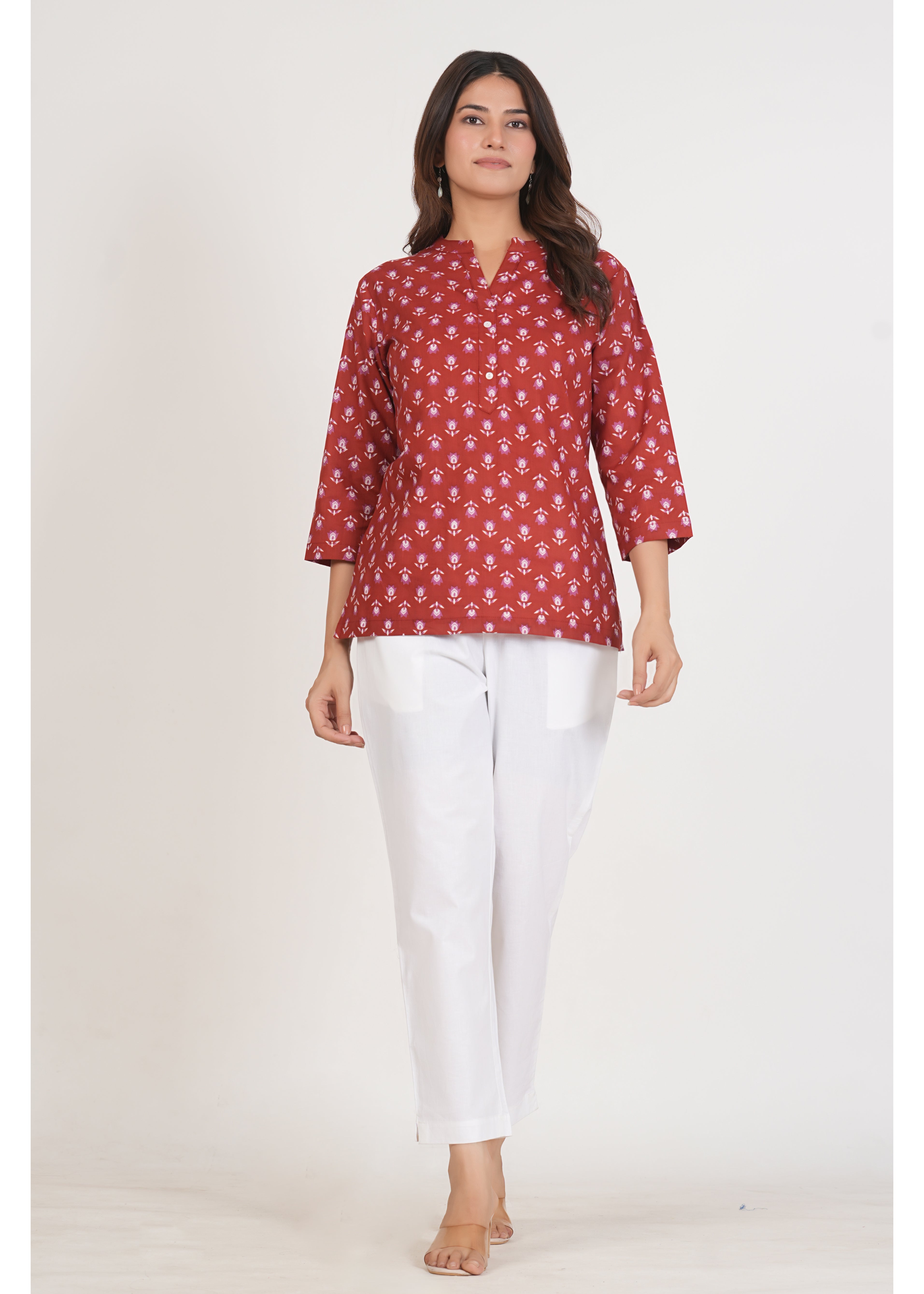 Red Floral Short Straight Cotton Kurta