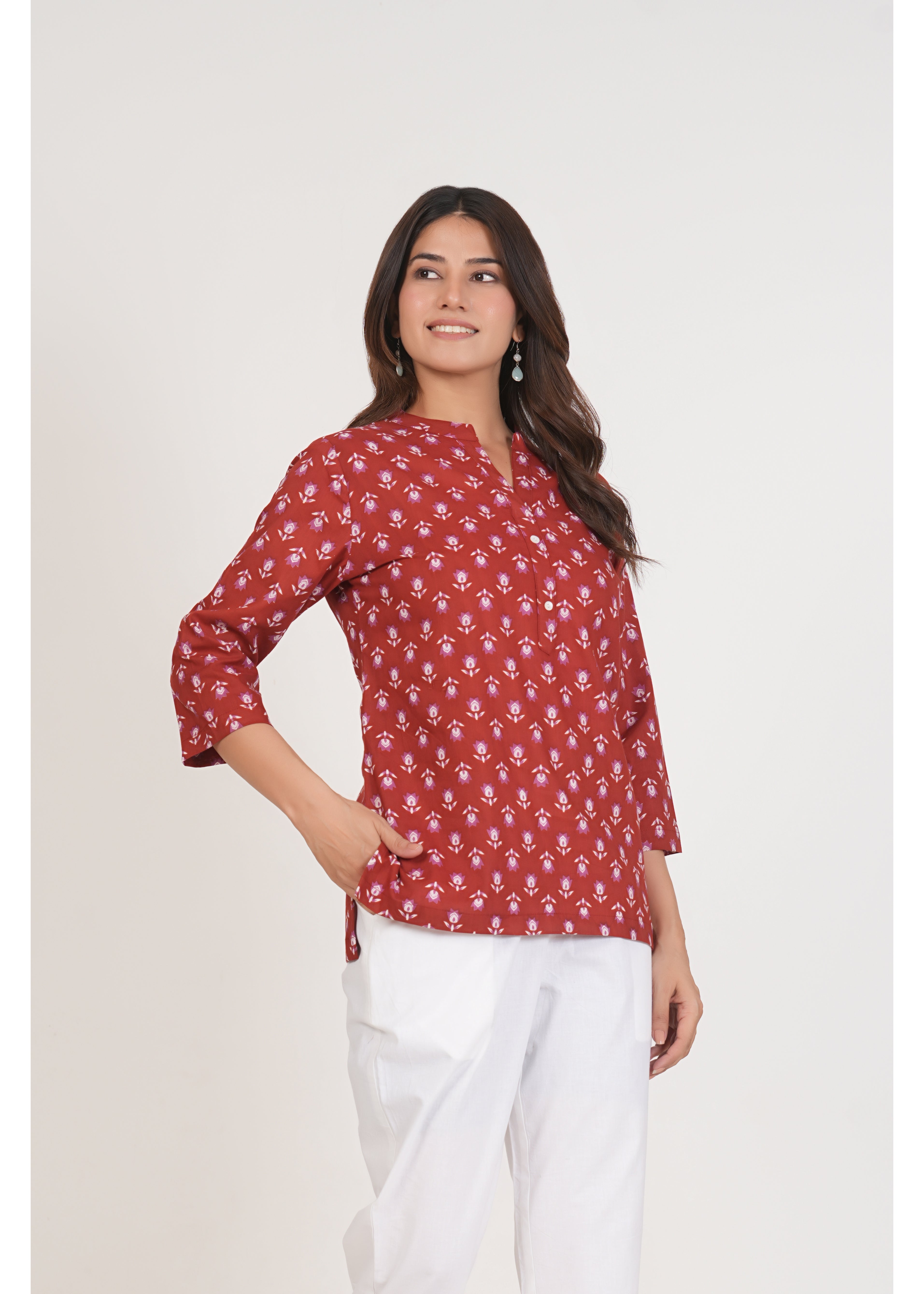 Red Floral Short Straight Cotton Kurta