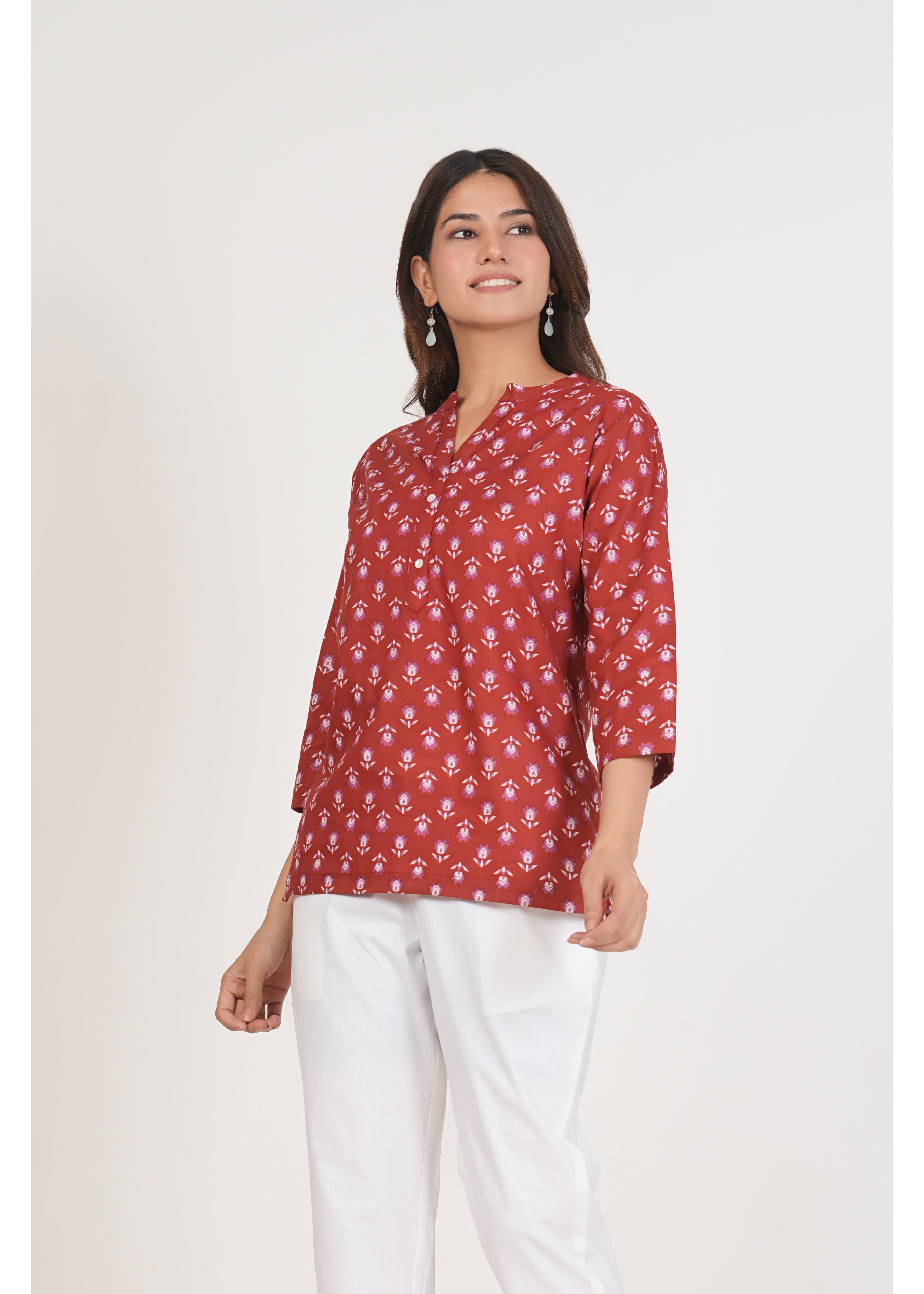Red Floral Short Straight Cotton Kurta