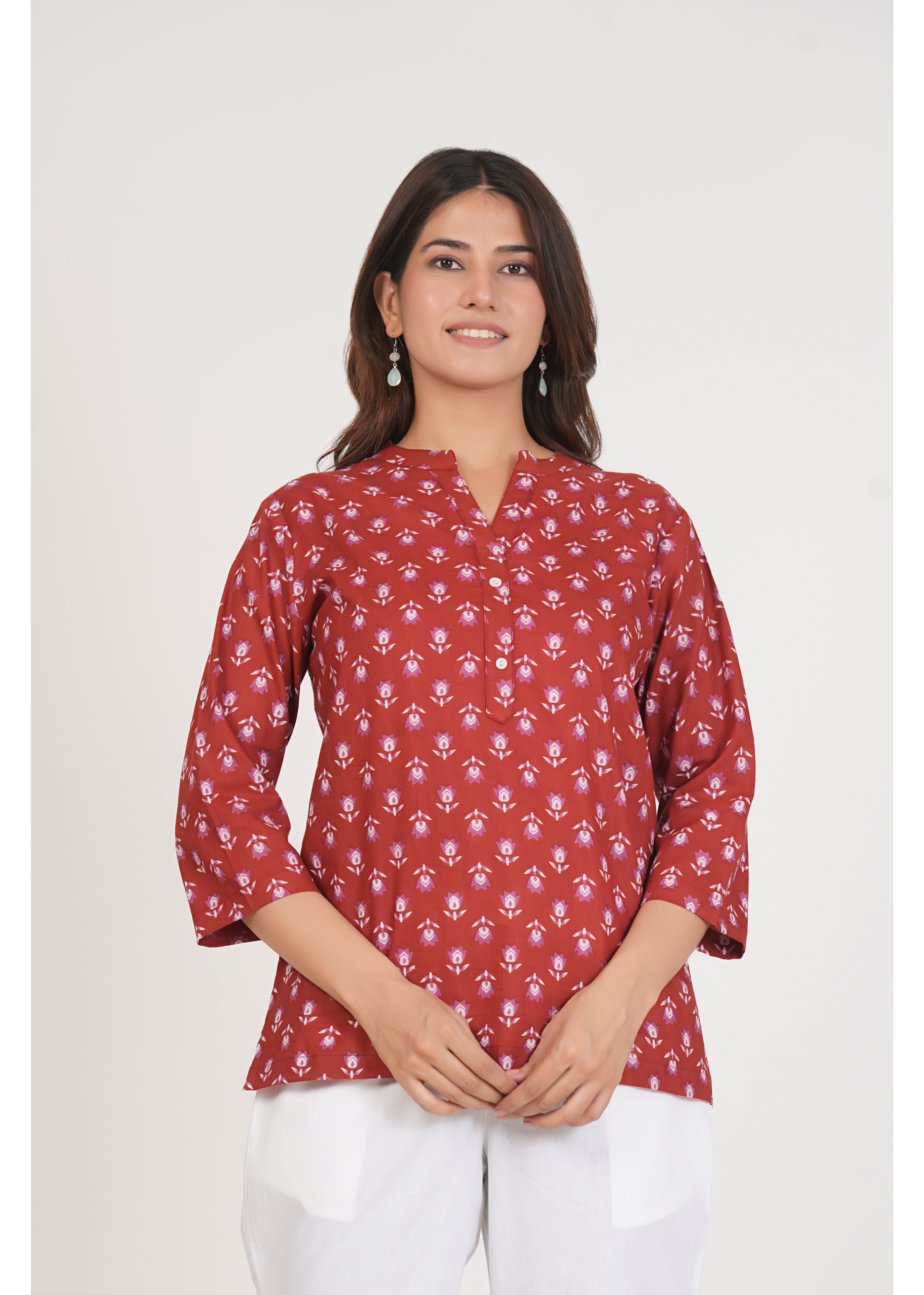 Red Floral Short Straight Cotton Kurta