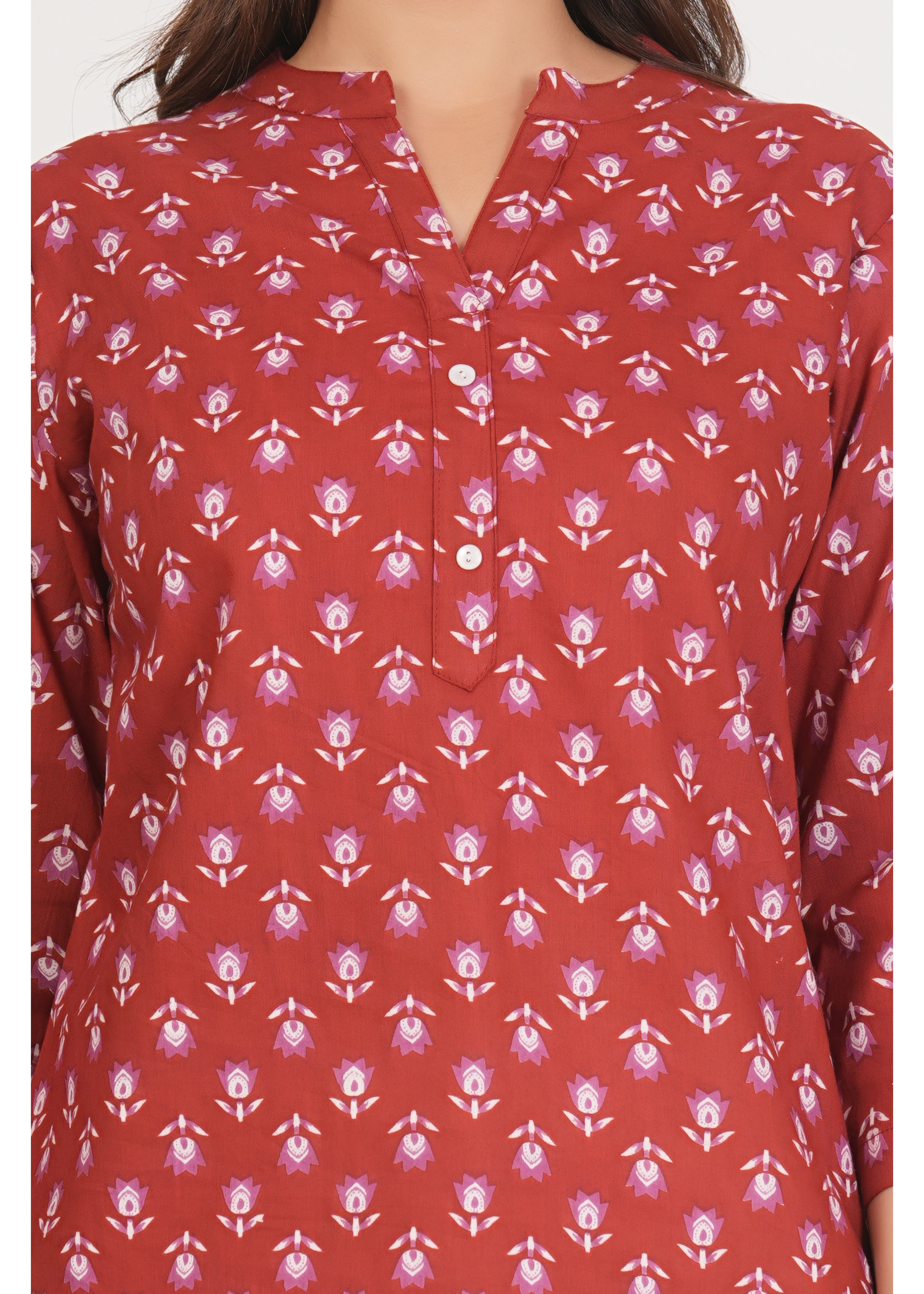 Red Floral Short Straight Cotton Kurta