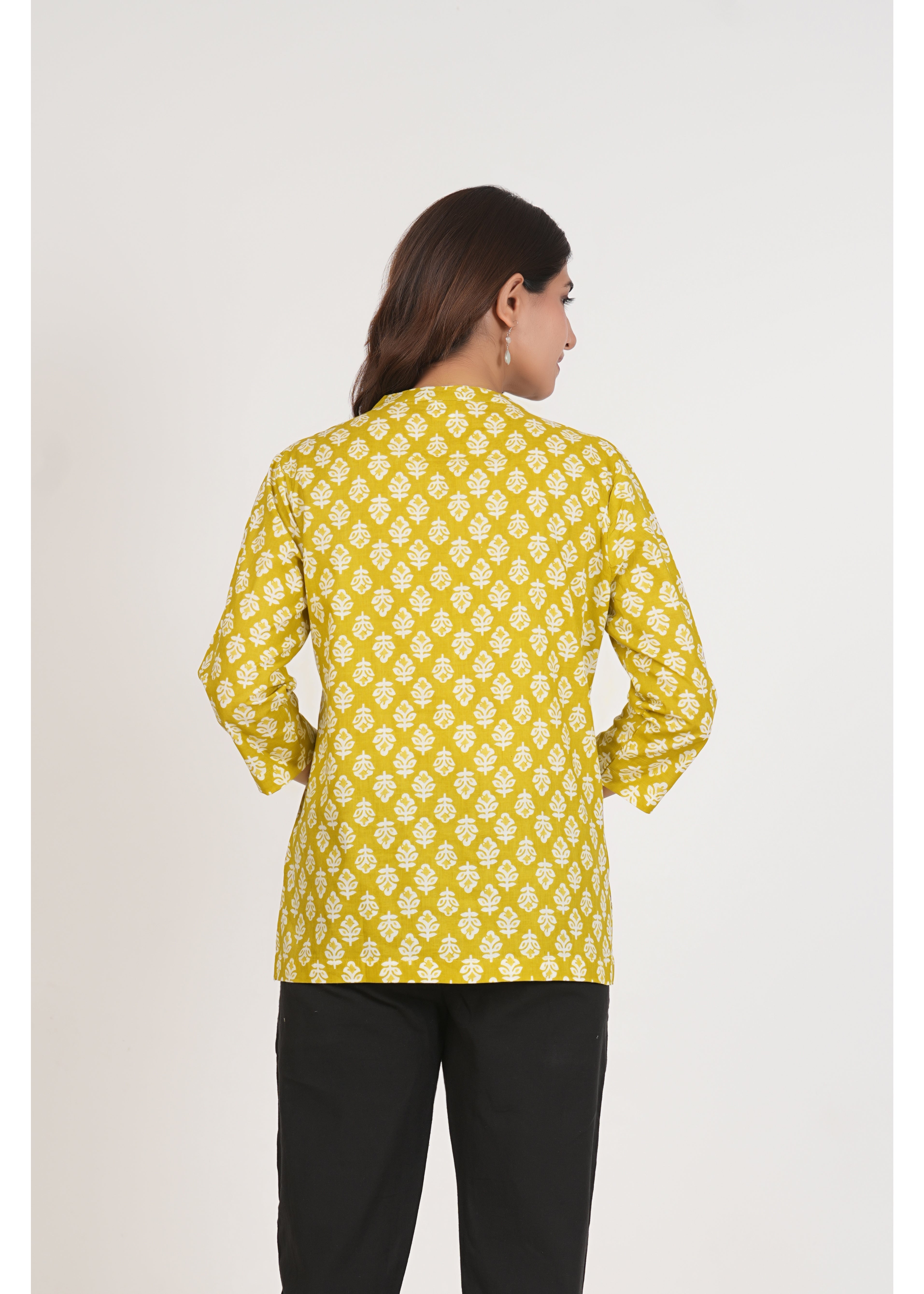 Lemon Floral Printed Short Straight Cotton Kurta