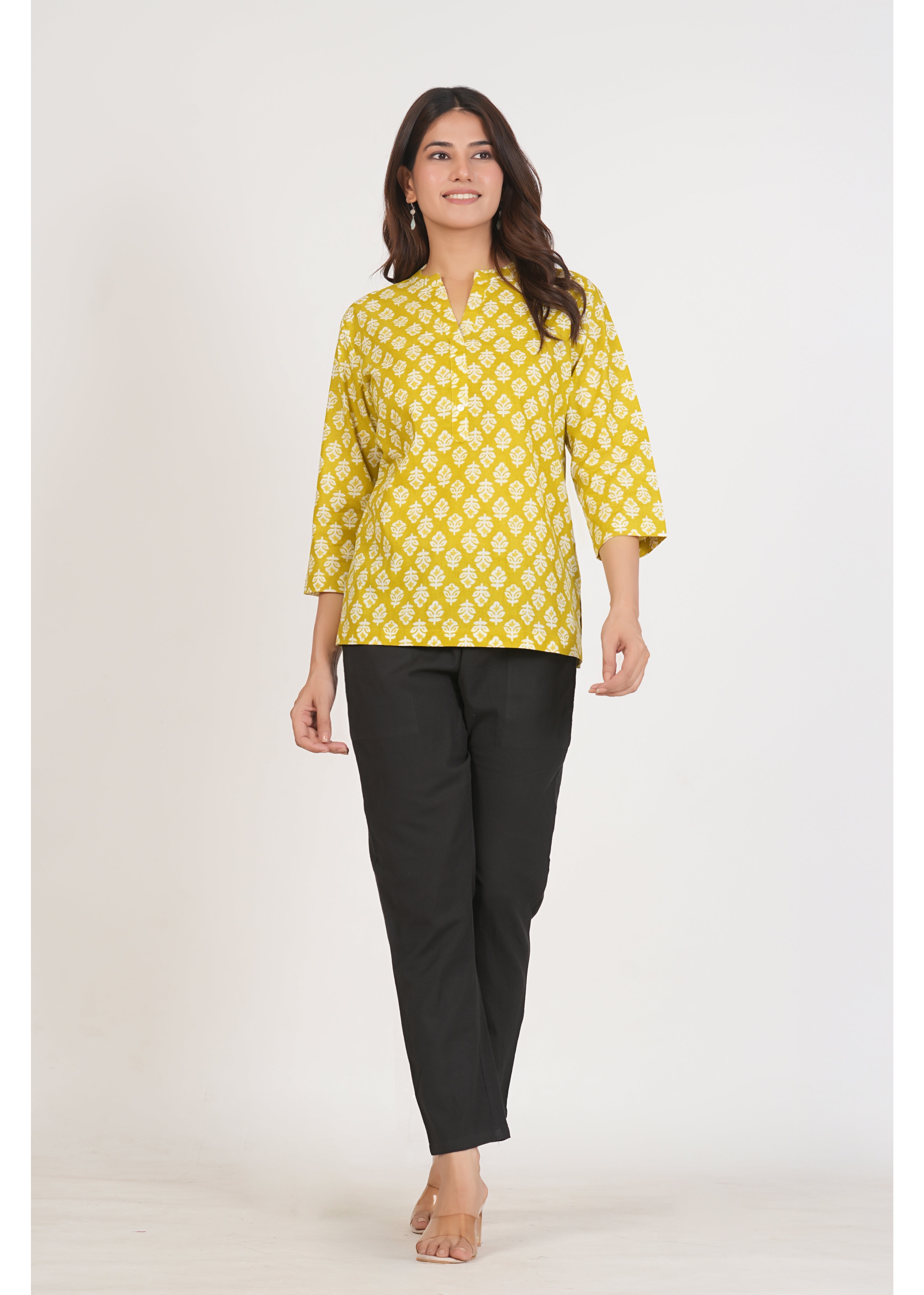 Lemon Floral Printed Short Straight Cotton Kurta
