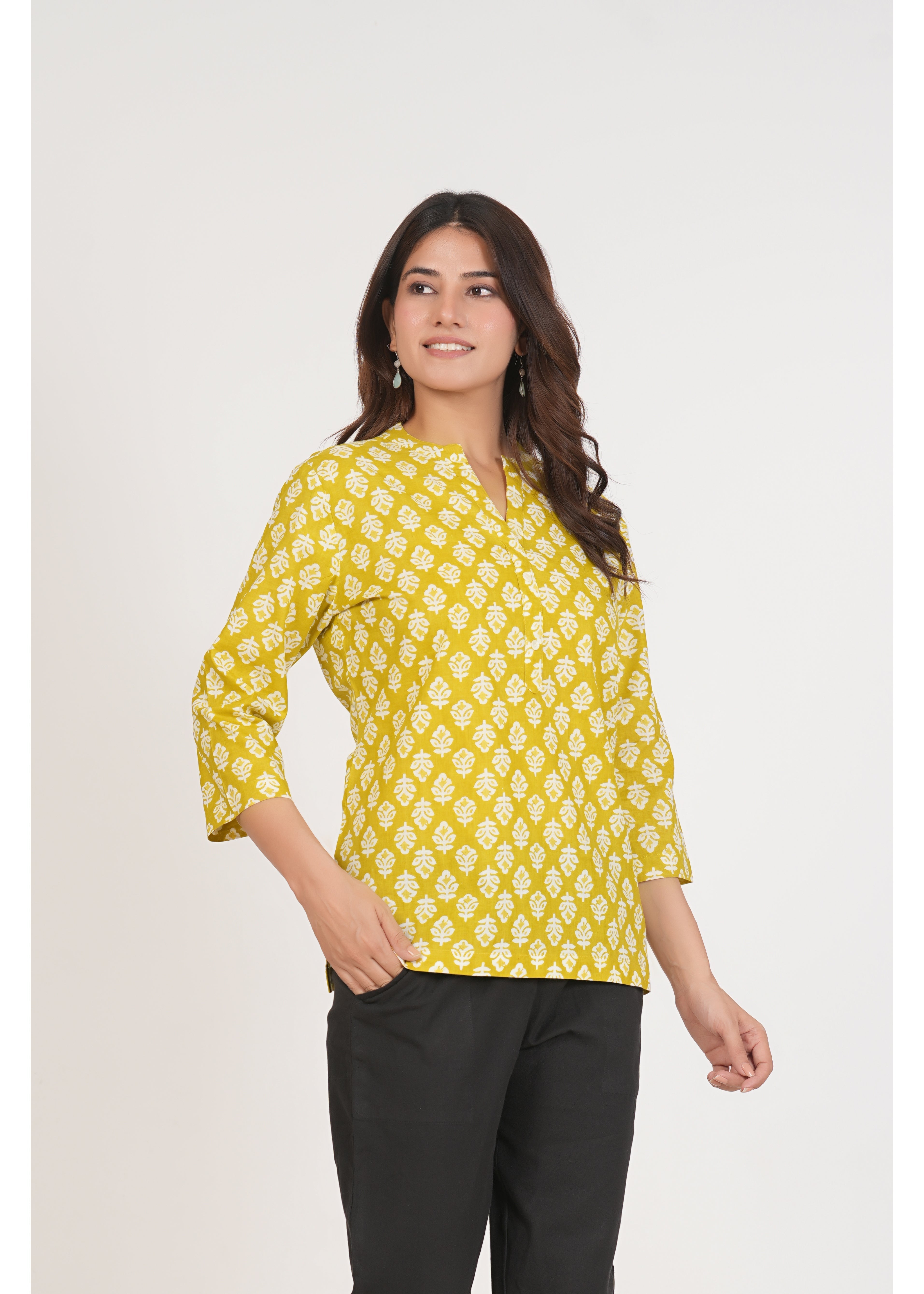 Lemon Floral Printed Short Straight Cotton Kurta