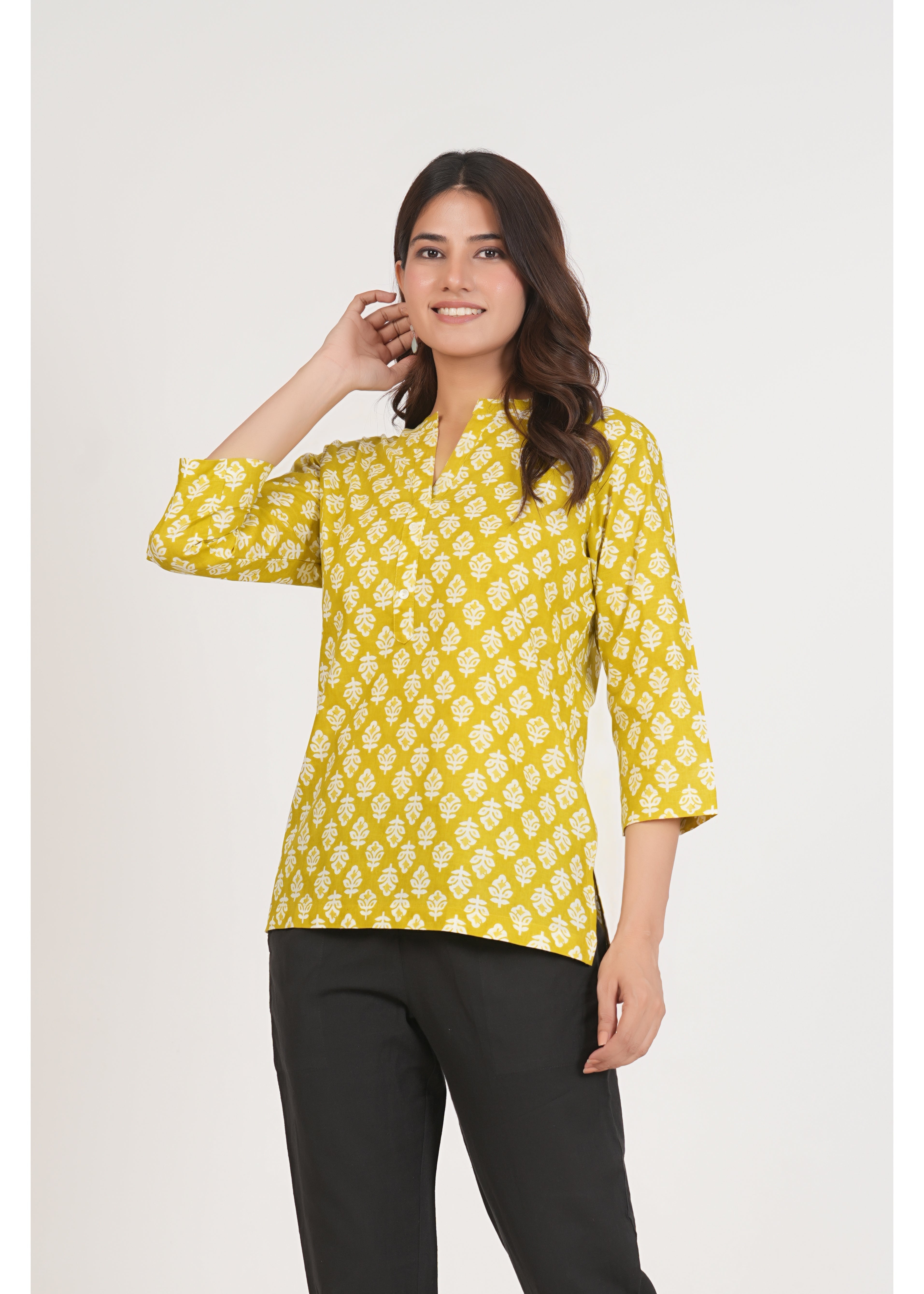 Lemon Floral Printed Short Straight Cotton Kurta