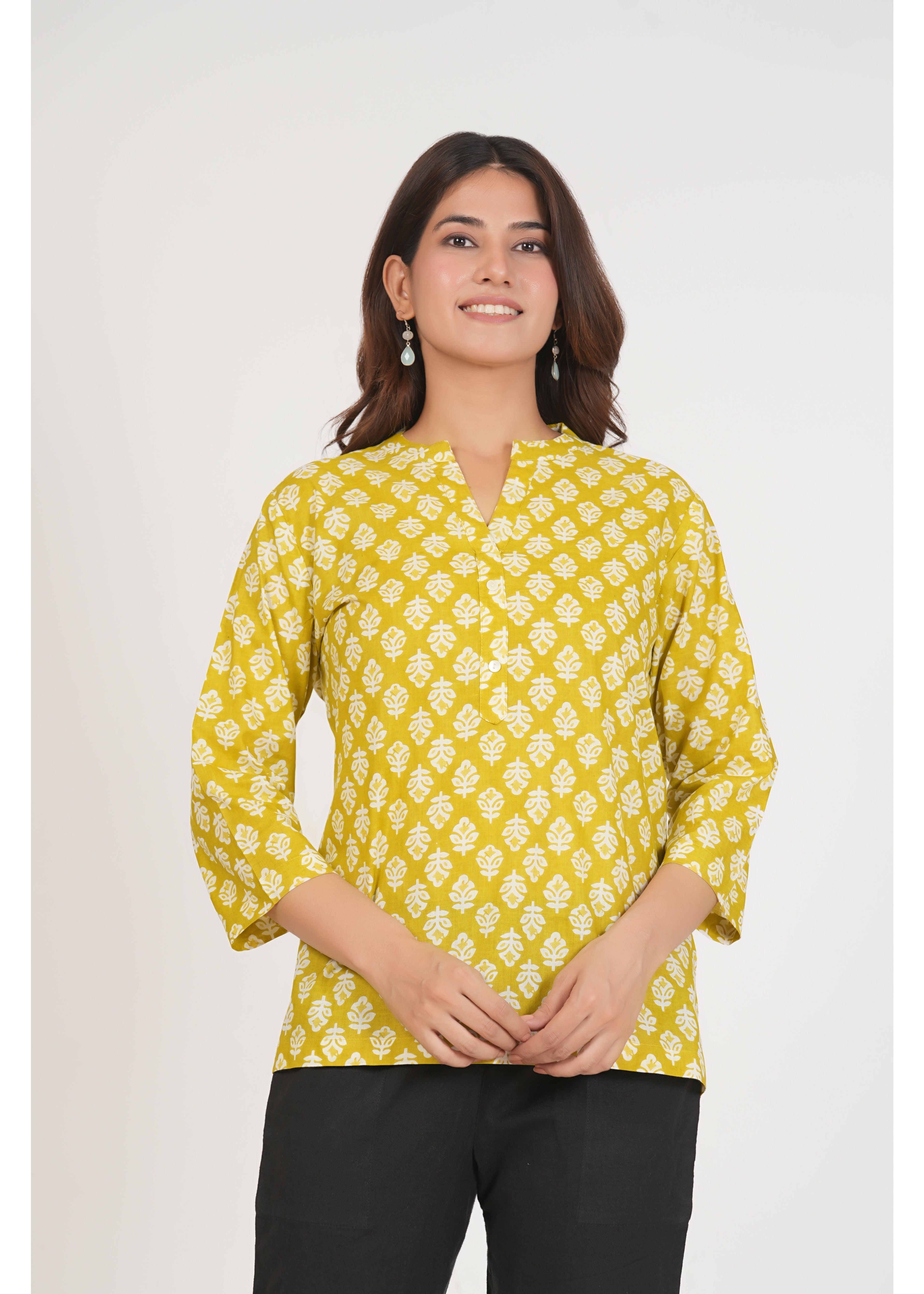 Lemon Floral Printed Short Straight Cotton Kurta