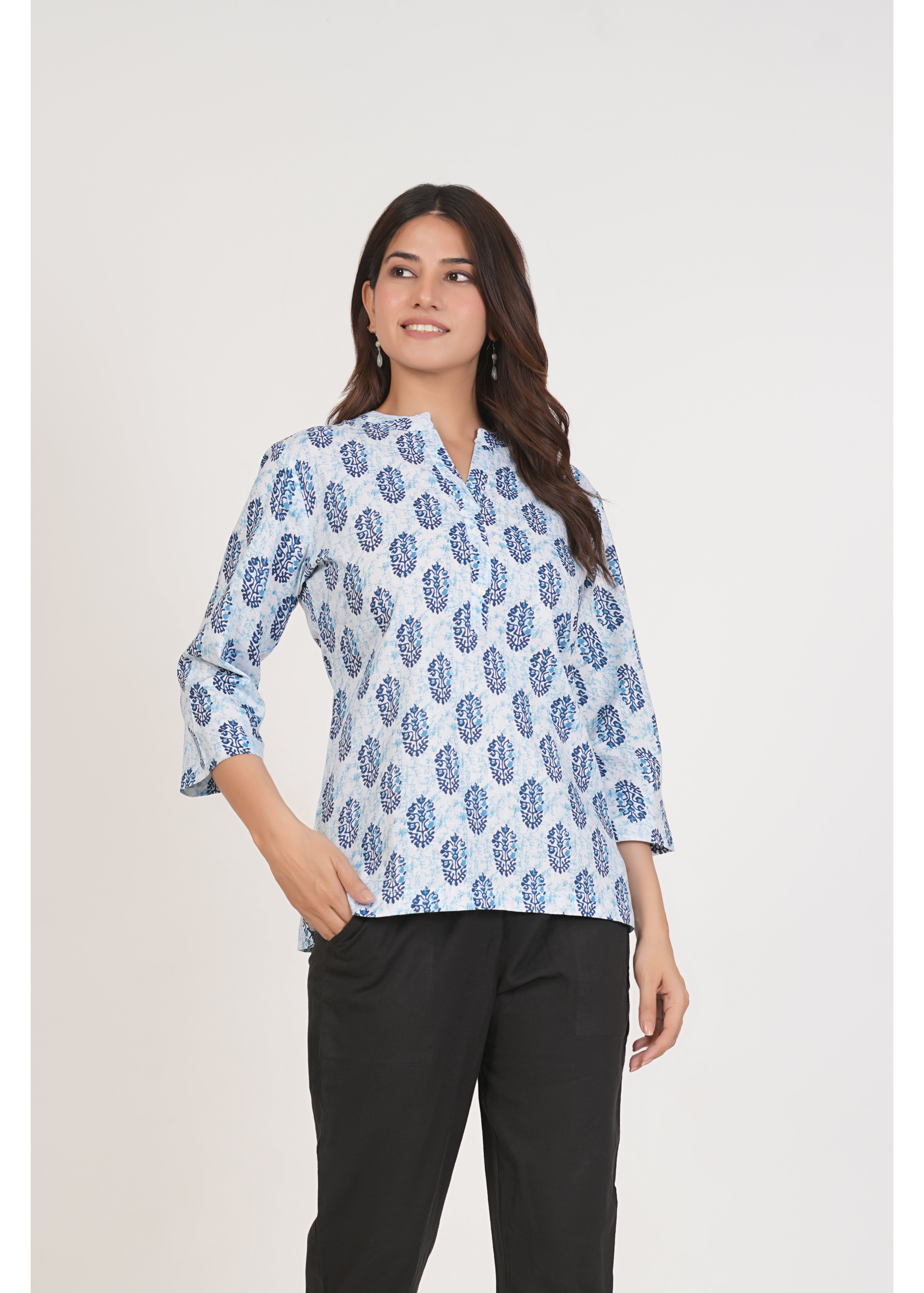 White & Blue Printed Short Straight Cotton Kurta