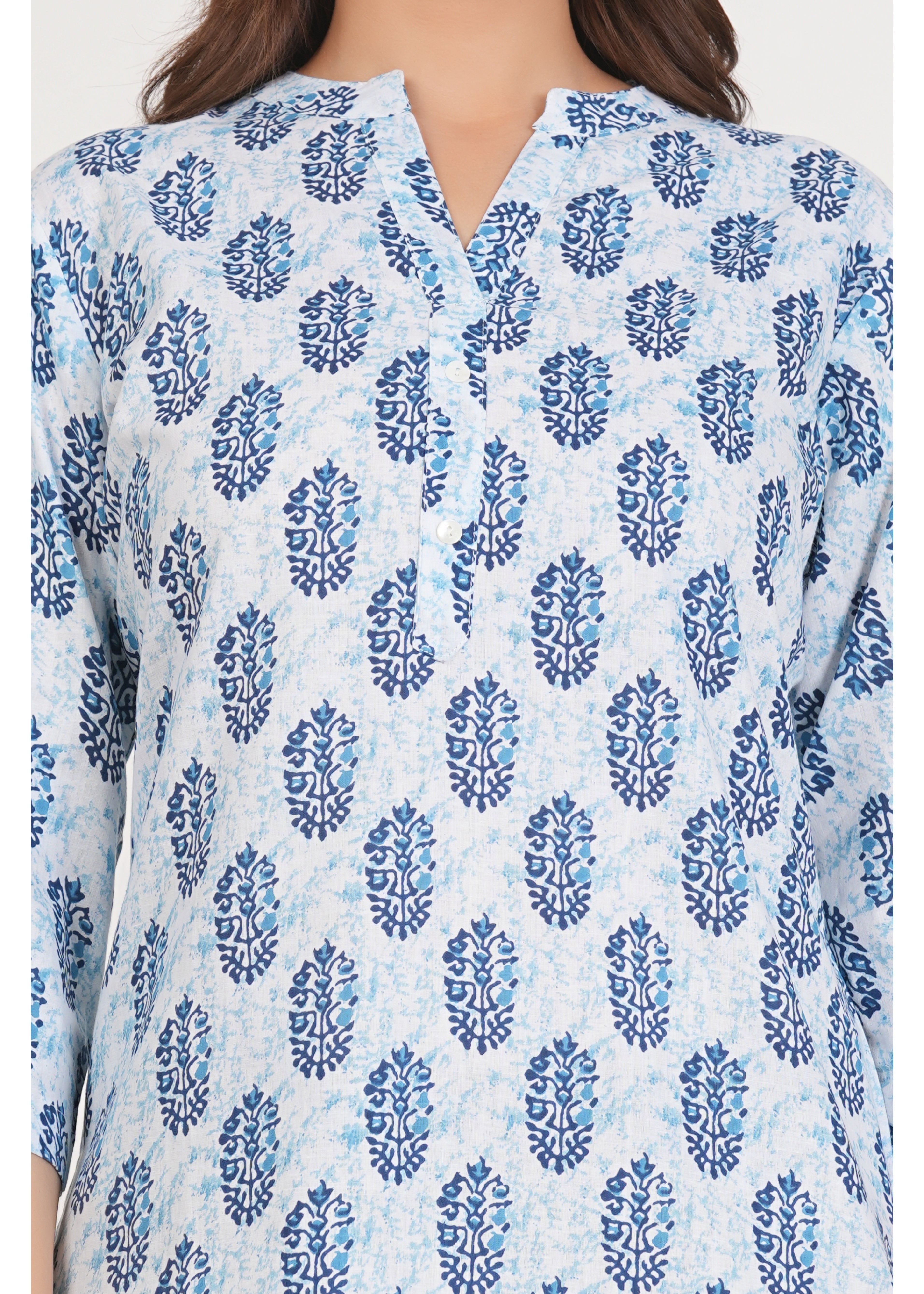 White & Blue Printed Short Straight Cotton Kurta