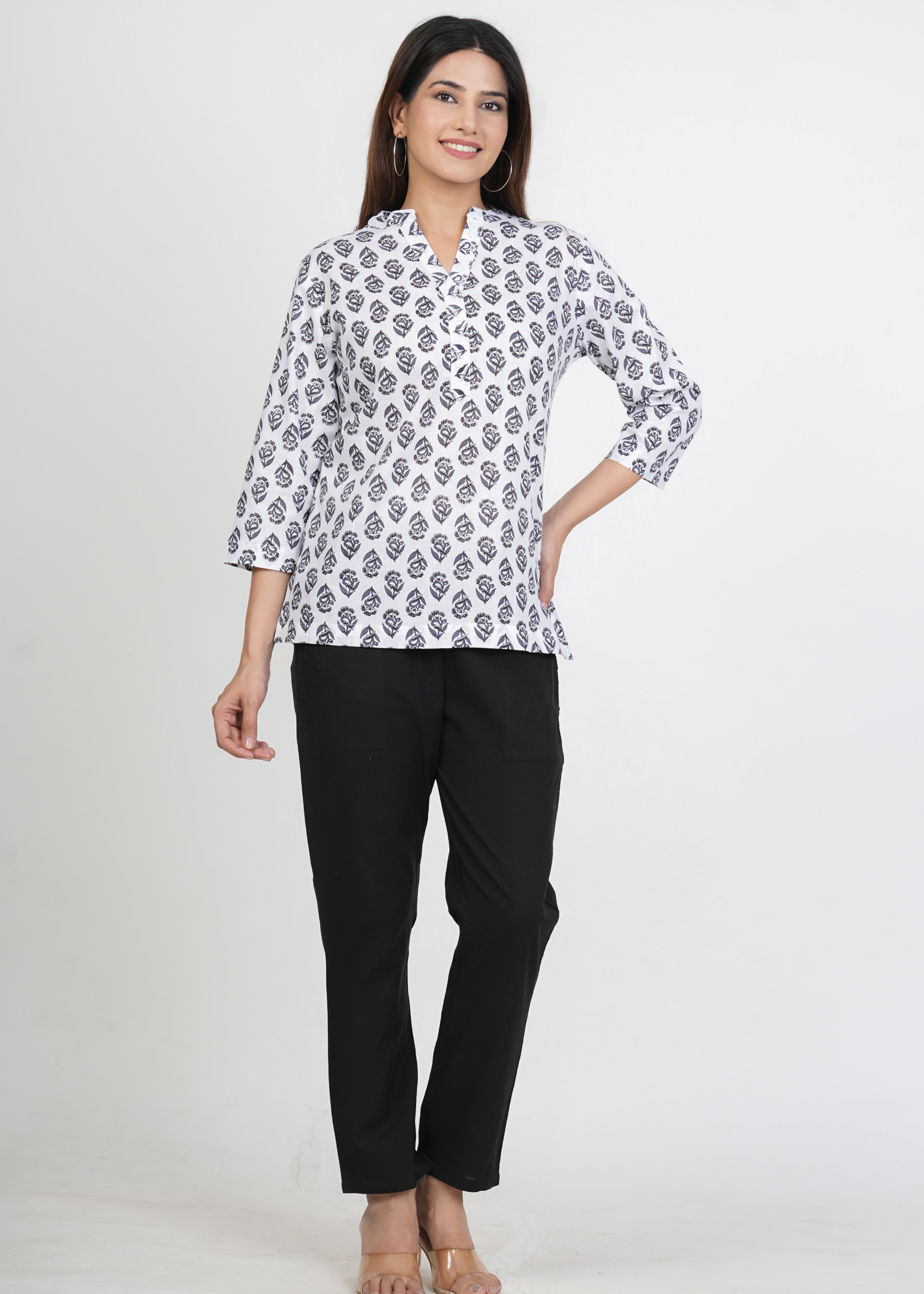 White-Black Printed Short Straight Cotton Kurta