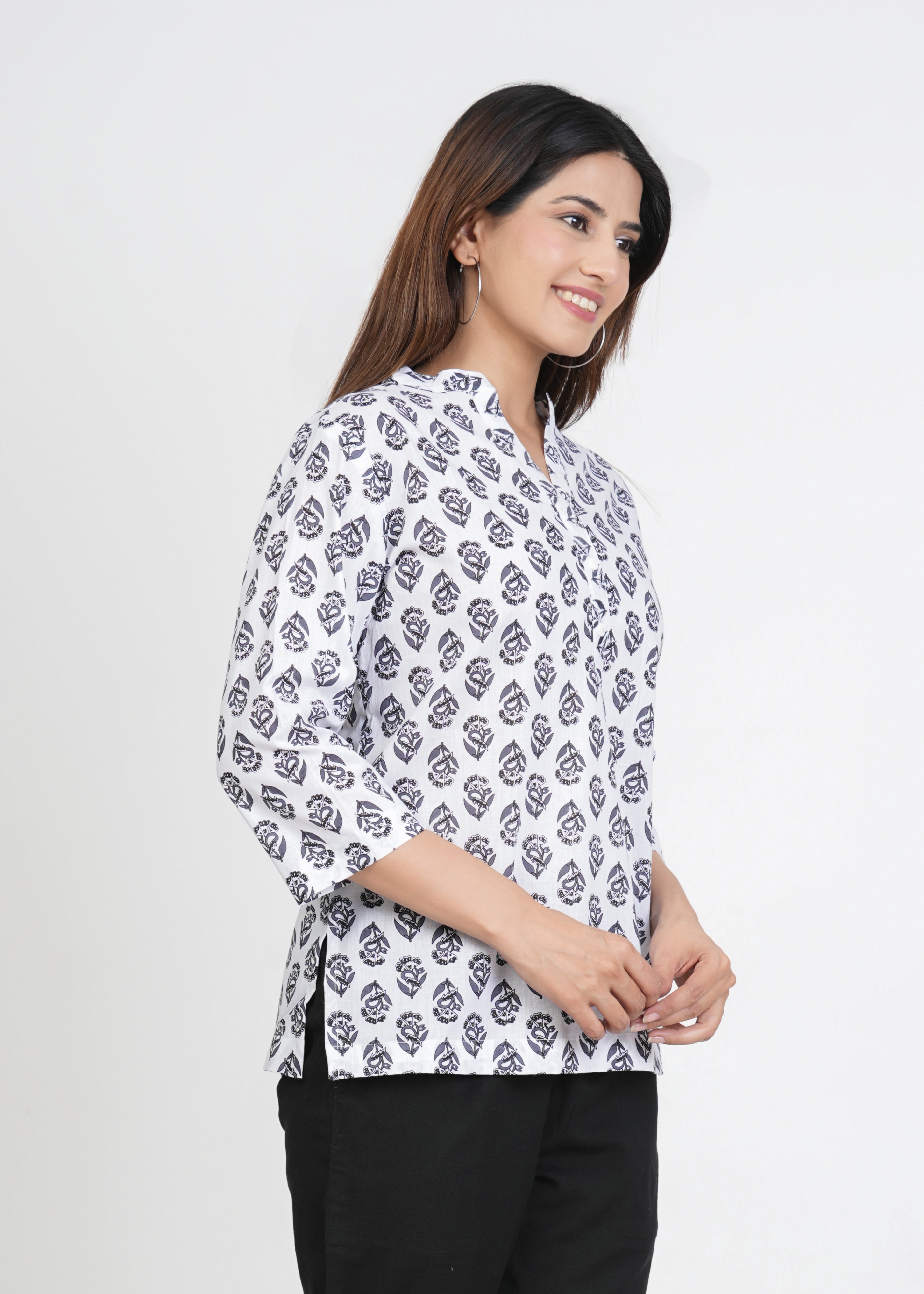 White-Black Printed Short Straight Cotton Kurta