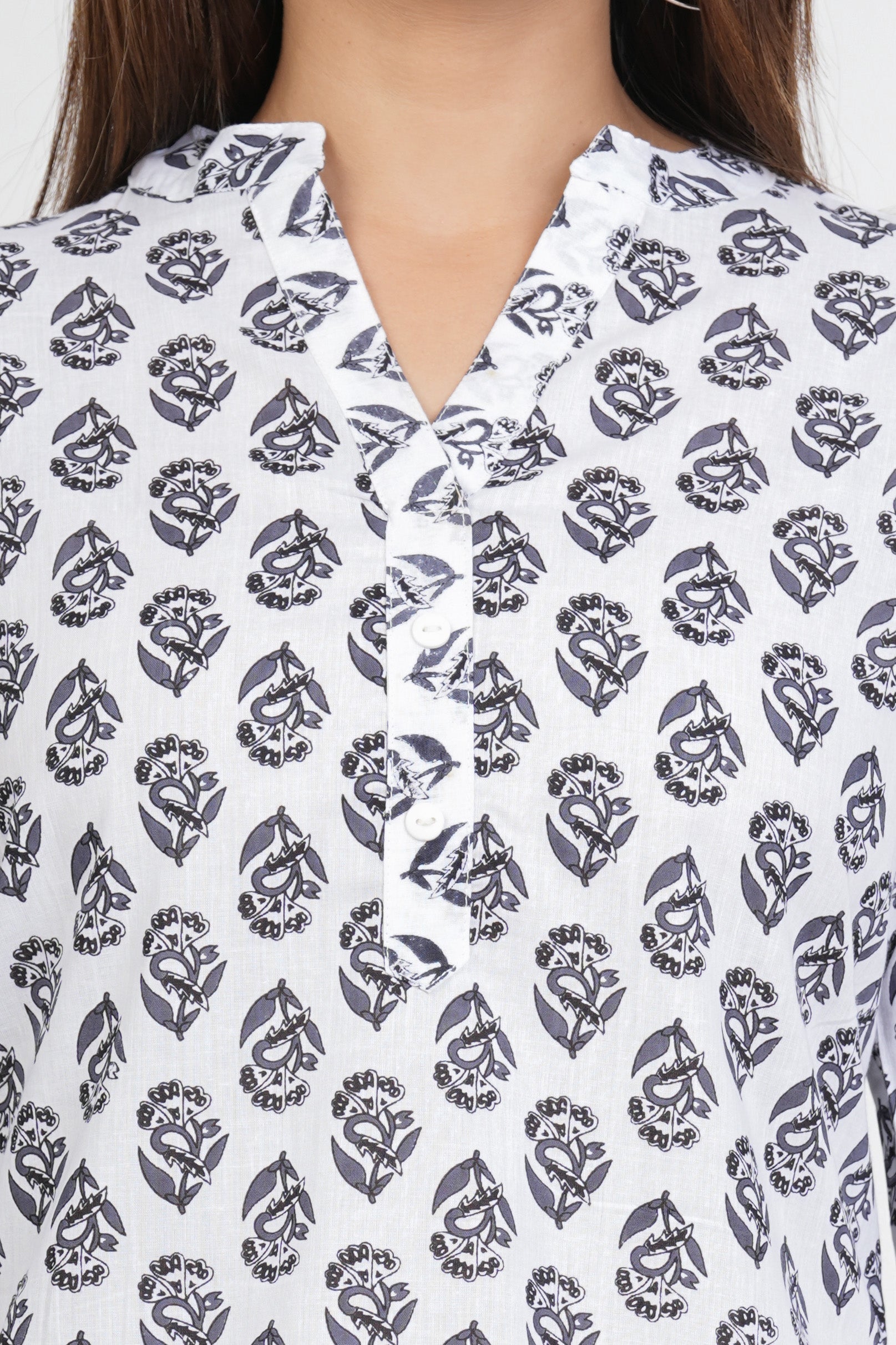 White-Black Printed Short Straight Cotton Kurta