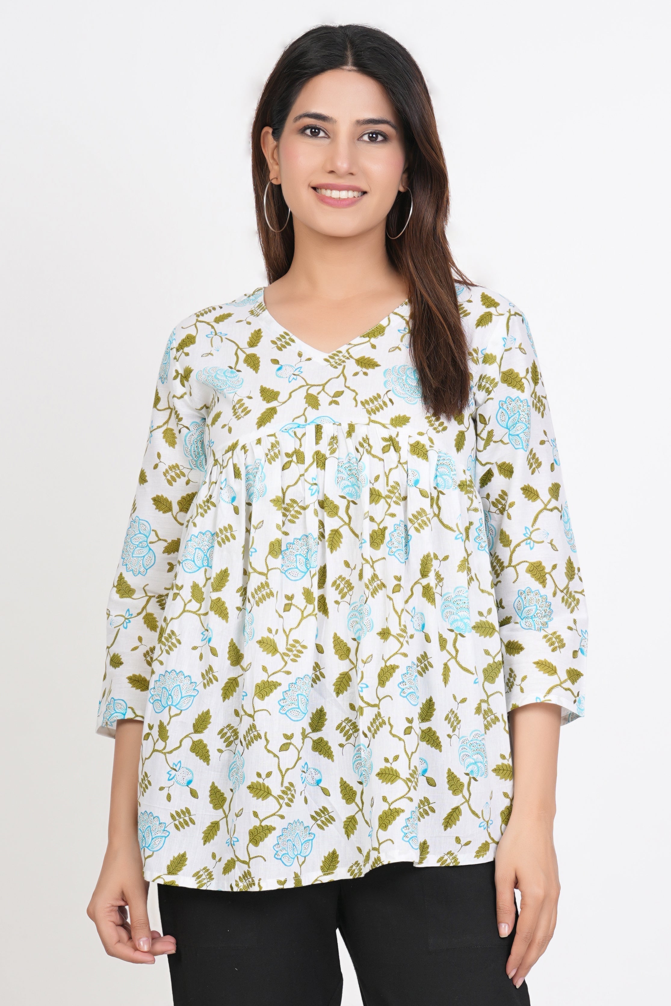 White & Green Peplum Cotton Kurti